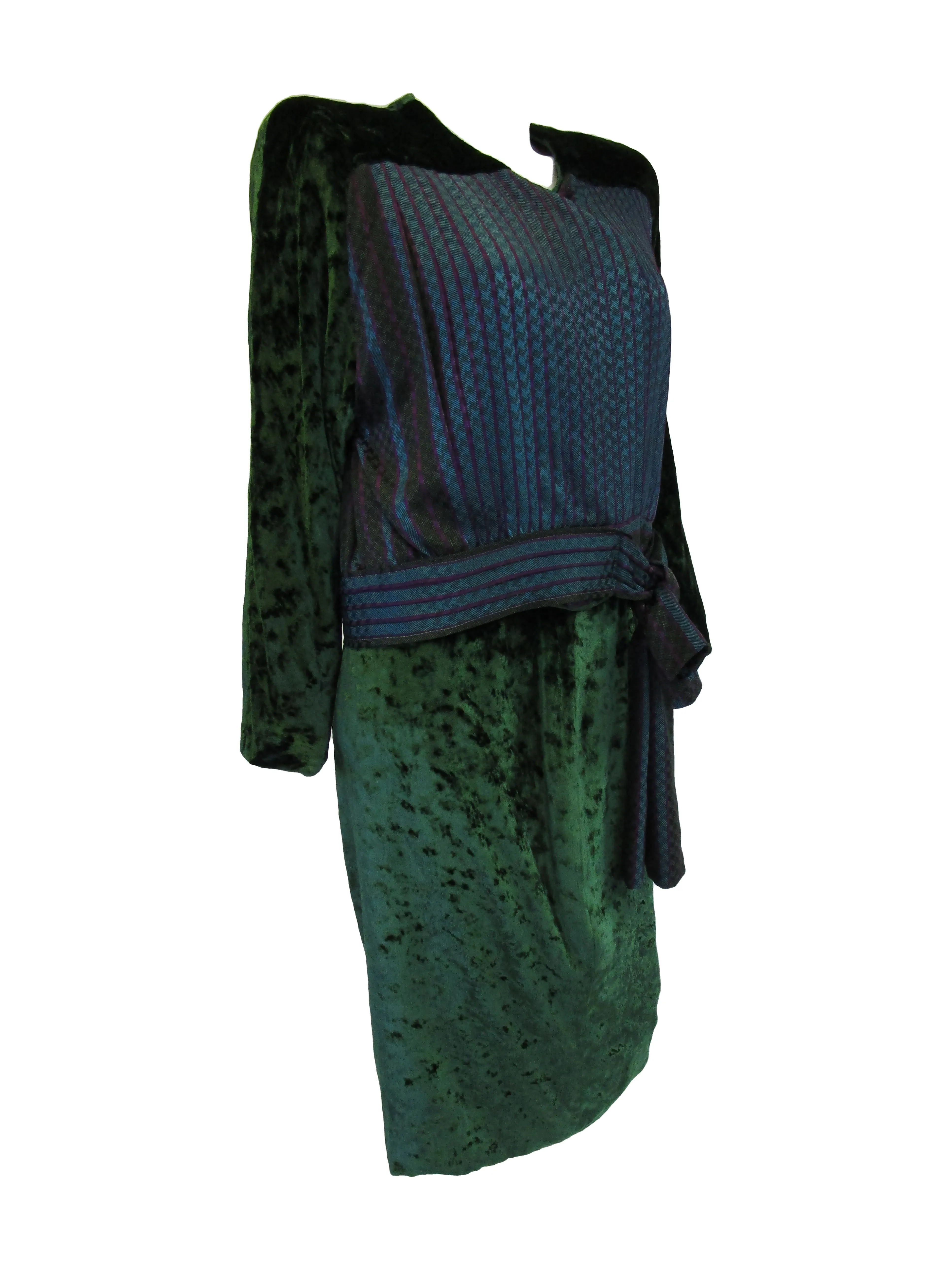 1980s  Green Velvet and Houndstoothe Silk Ensemble