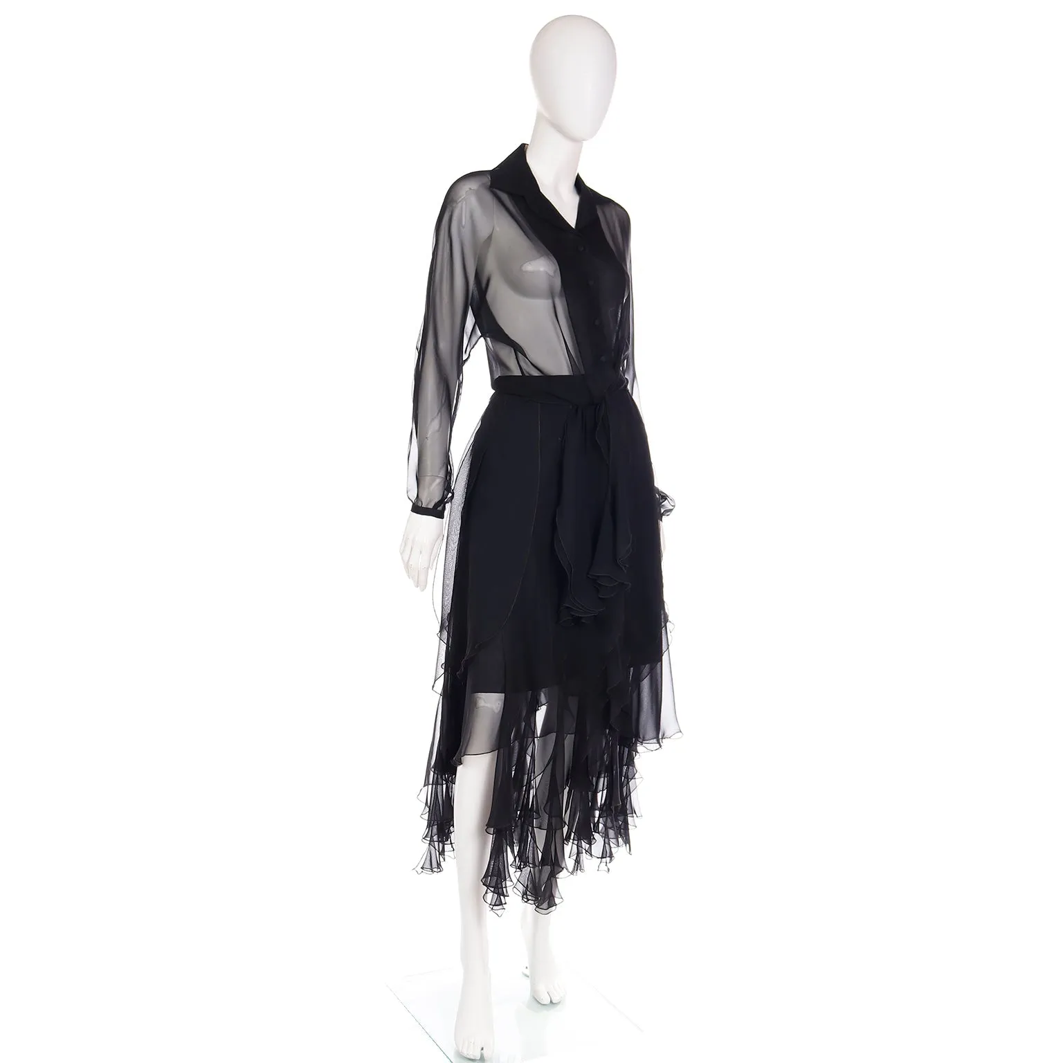 1990s Alberto Makali Vintage Sheer Black 2Pc Evening Dress