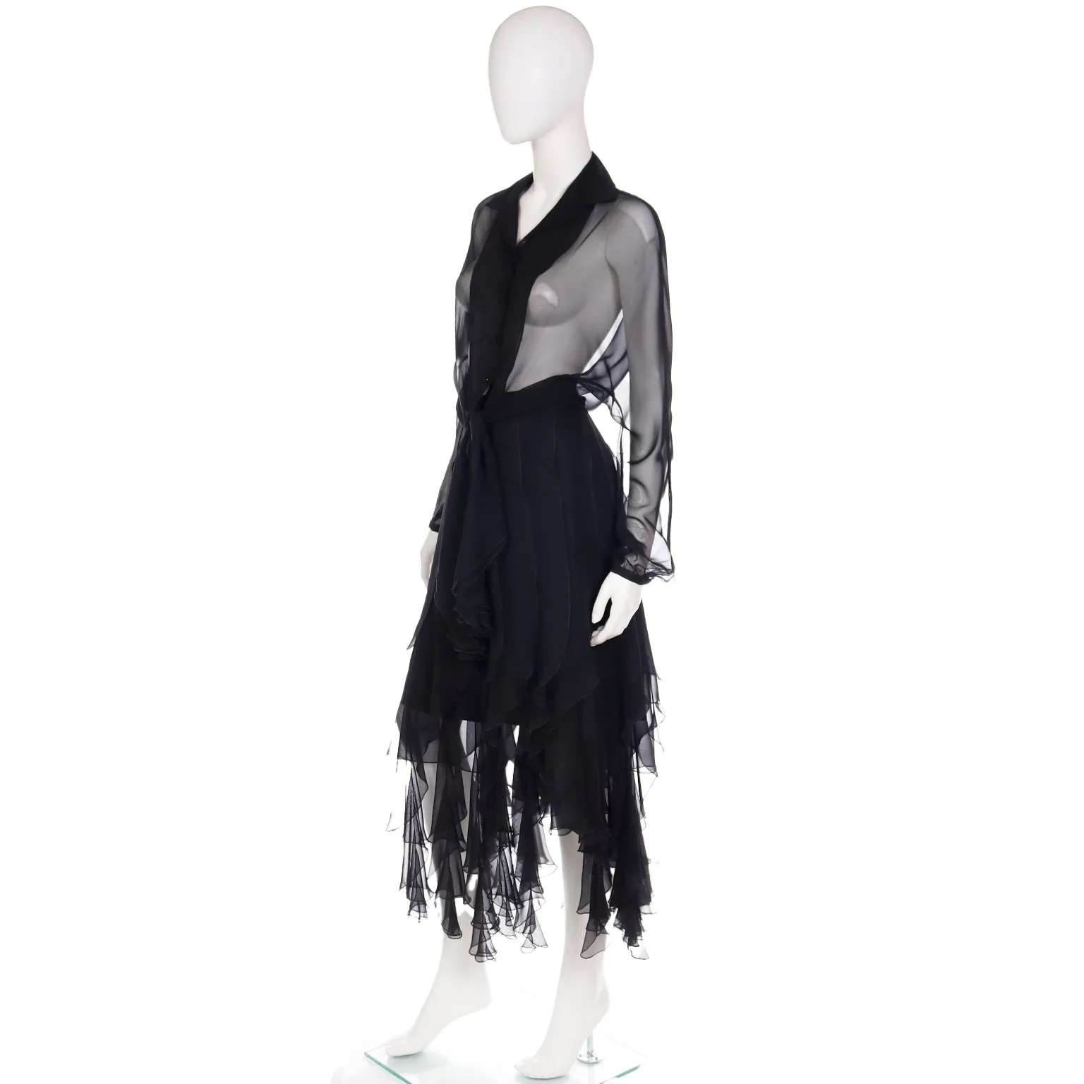 1990s Alberto Makali Vintage Sheer Black 2Pc Evening Dress