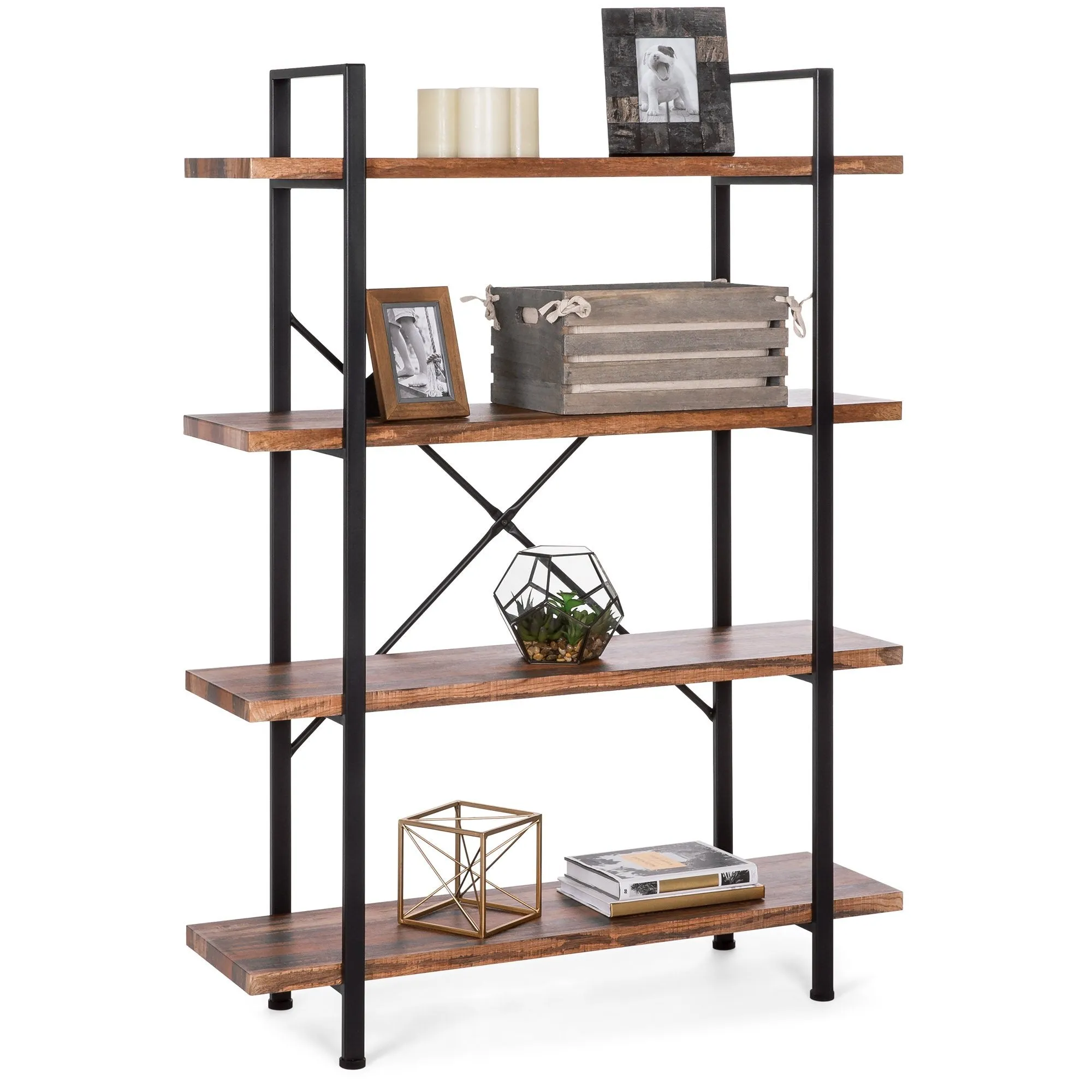 4-Shelf Industrial Open Bookshelf Furniture w/ Wood Shelves, Metal Frame