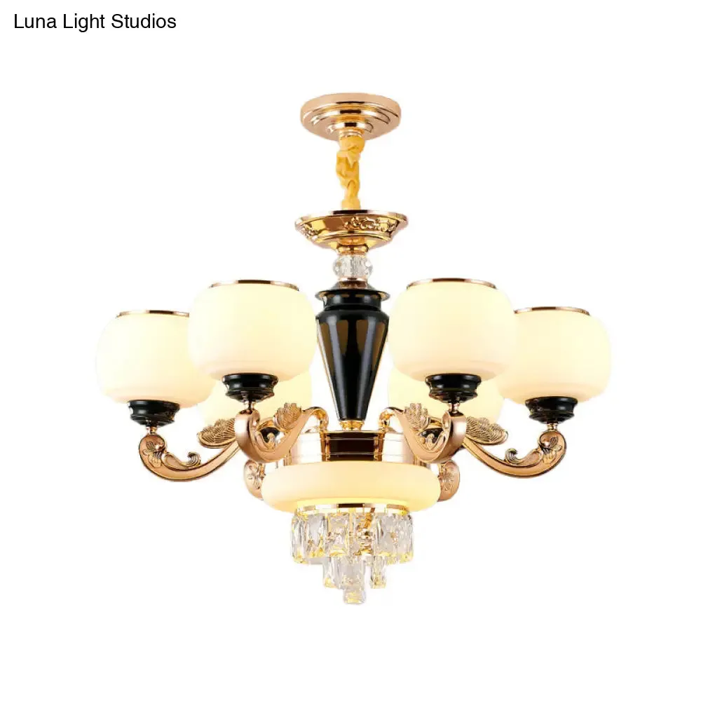 6-Light Opal Glass and Crystal Block Chandelier: Elegant 3-Layer Pendant for Sitting Room Ceiling in Gold