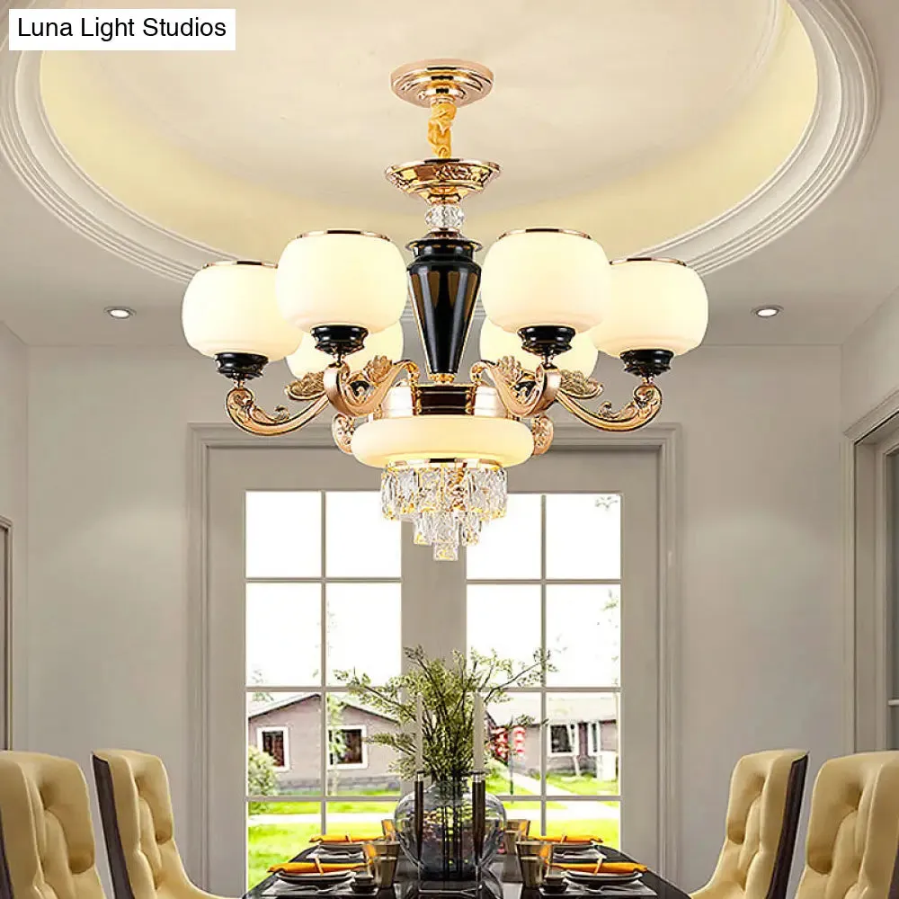 6-Light Opal Glass and Crystal Block Chandelier: Elegant 3-Layer Pendant for Sitting Room Ceiling in Gold