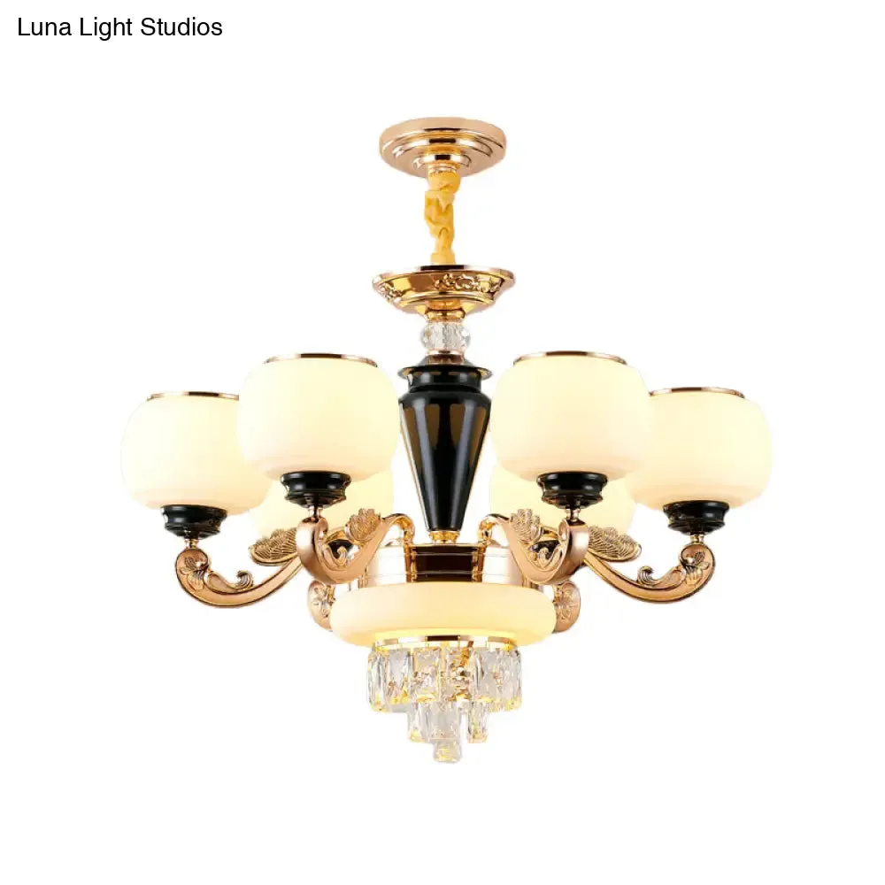 6-Light Opal Glass and Crystal Block Chandelier: Elegant 3-Layer Pendant for Sitting Room Ceiling in Gold