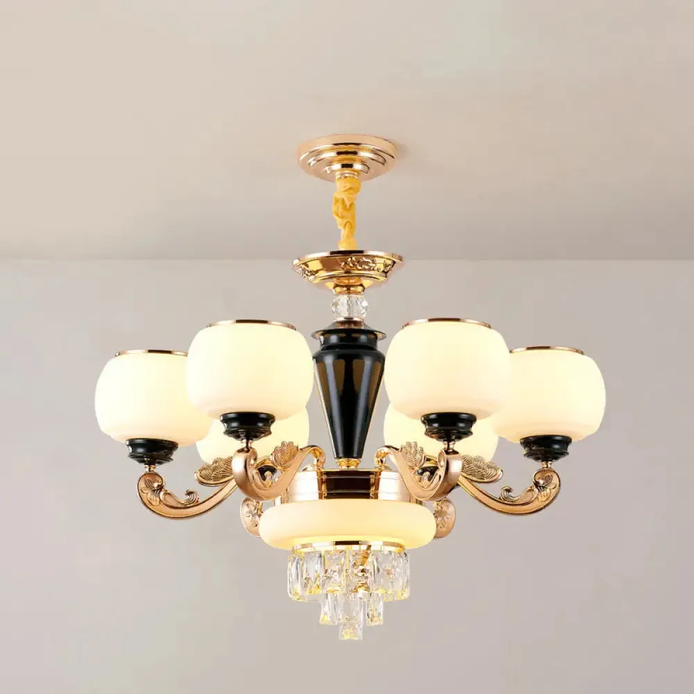 6-Light Opal Glass and Crystal Block Chandelier: Elegant 3-Layer Pendant for Sitting Room Ceiling in Gold