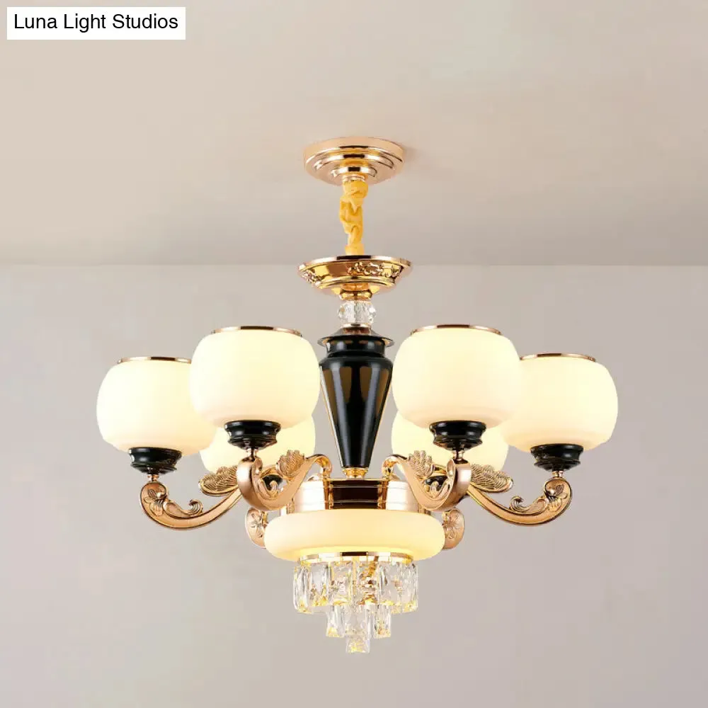 6-Light Opal Glass and Crystal Block Chandelier: Elegant 3-Layer Pendant for Sitting Room Ceiling in Gold