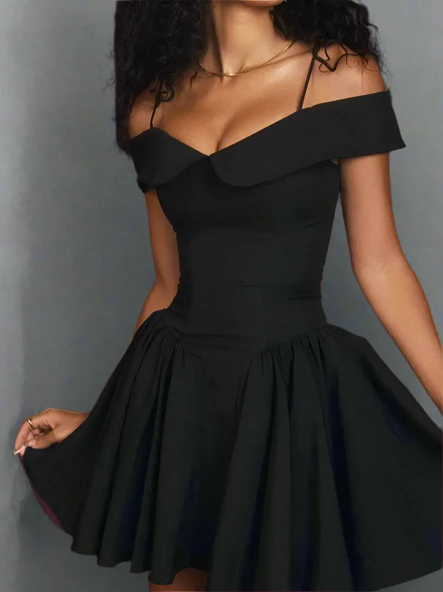 A&A Elegant Off-shoulder A Line Pleated Mini Dress