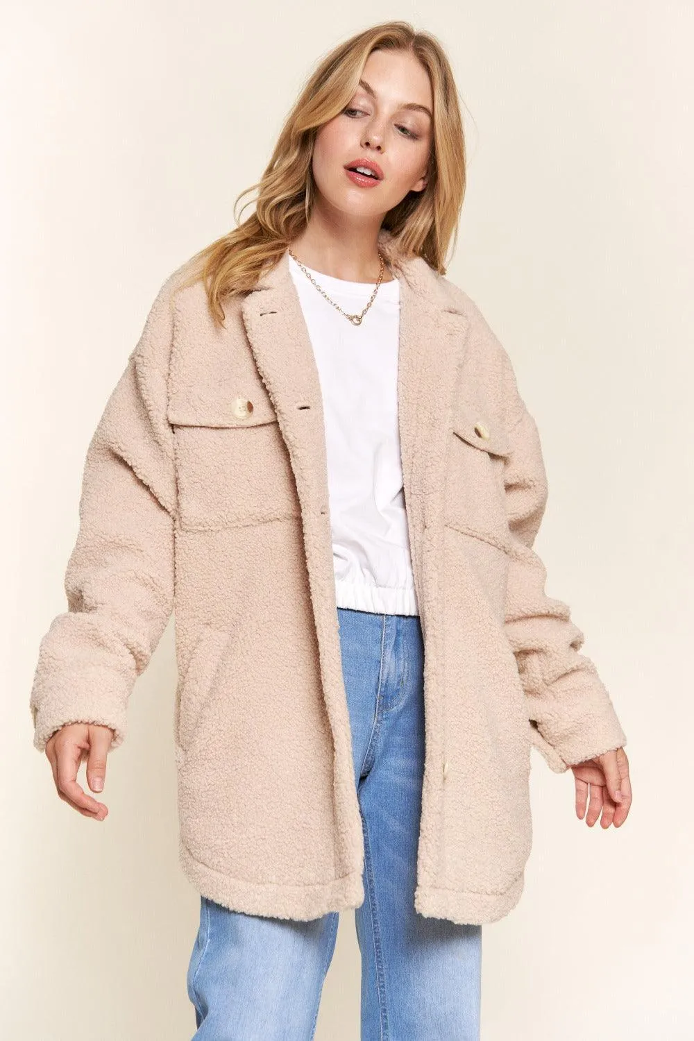 And The Why Shacket USA Stock Teddy Sherpa Button Down Curved Hem Coat