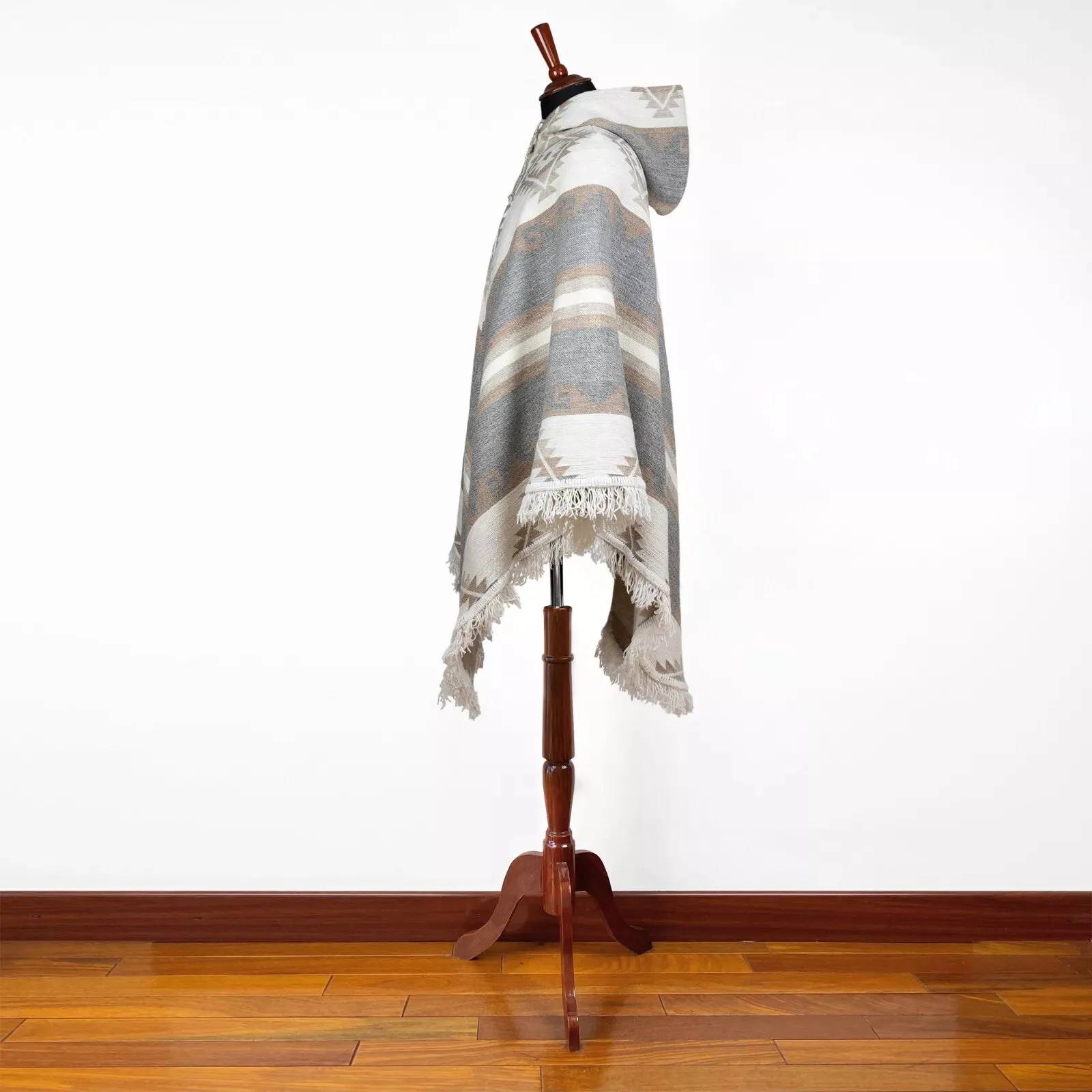 Antikuna - Llama Wool Unisex V-Shaped S. American Handwoven Thick Hooded Poncho - Andean pattern - gray/earth tones