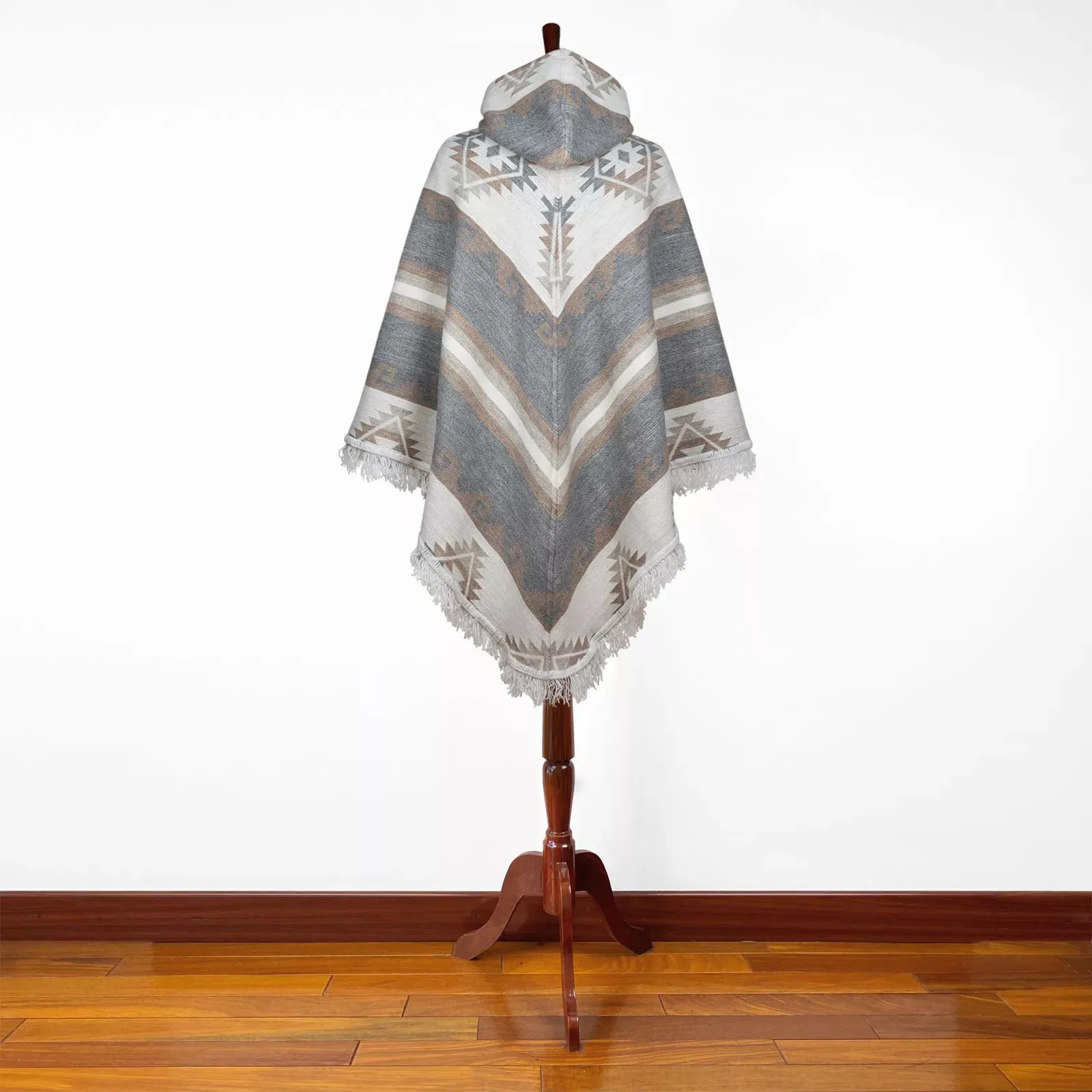 Antikuna - Llama Wool Unisex V-Shaped S. American Handwoven Thick Hooded Poncho - Andean pattern - gray/earth tones