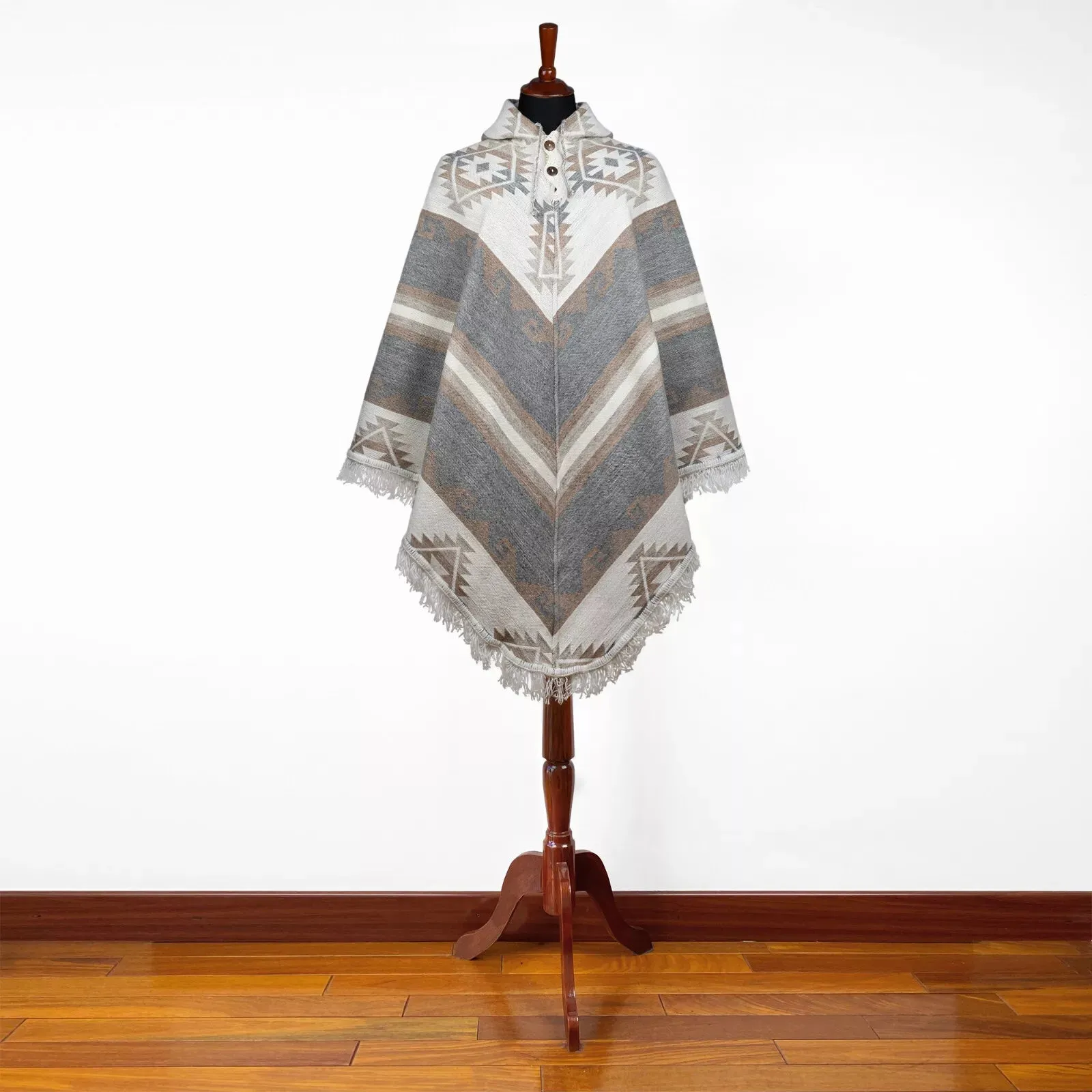 Antikuna - Llama Wool Unisex V-Shaped S. American Handwoven Thick Hooded Poncho - Andean pattern - gray/earth tones