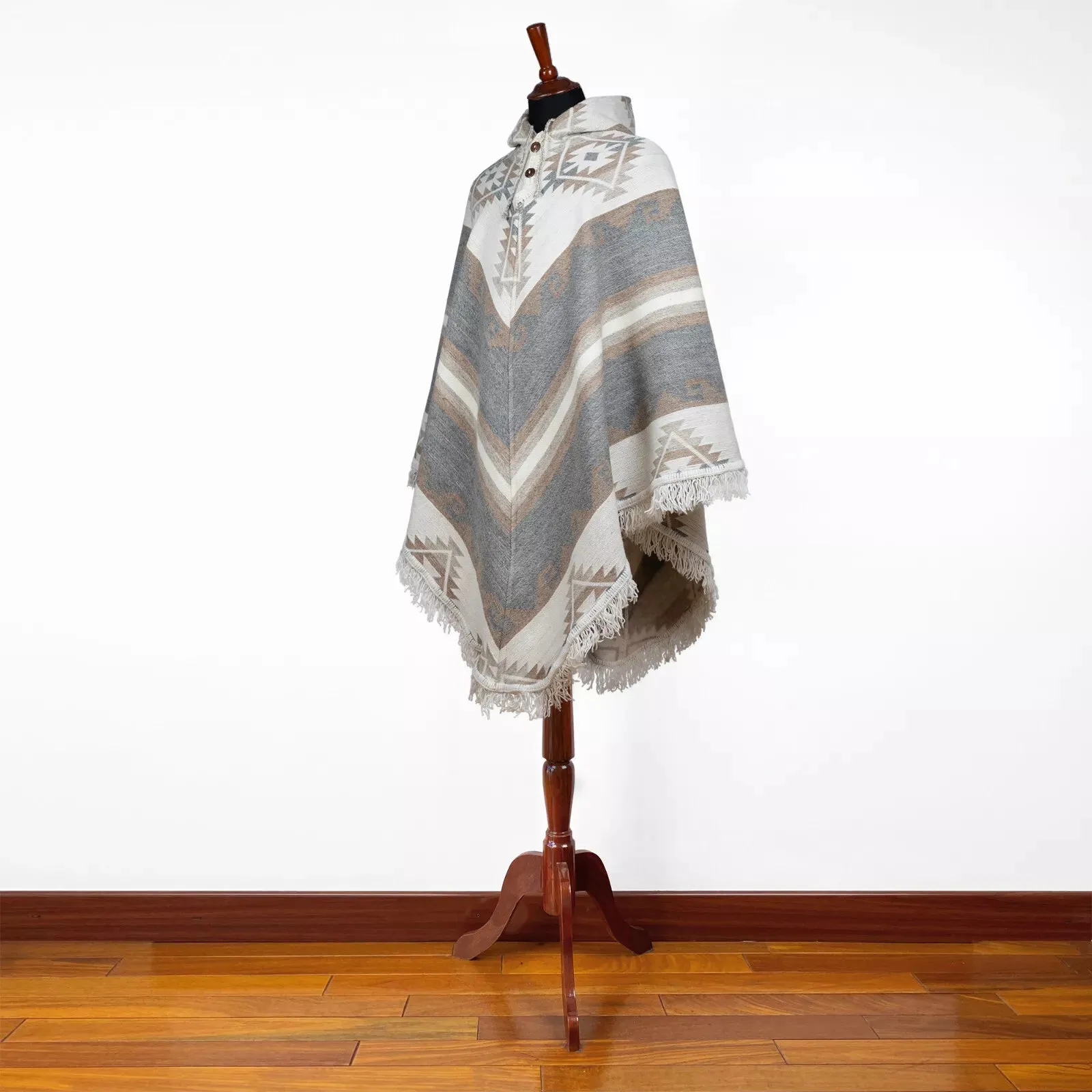 Antikuna - Llama Wool Unisex V-Shaped S. American Handwoven Thick Hooded Poncho - Andean pattern - gray/earth tones