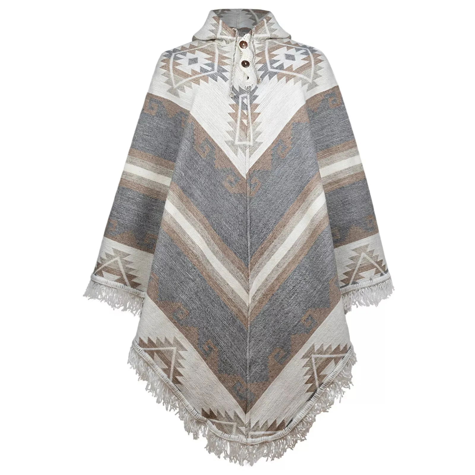 Antikuna - Llama Wool Unisex V-Shaped S. American Handwoven Thick Hooded Poncho - Andean pattern - gray/earth tones