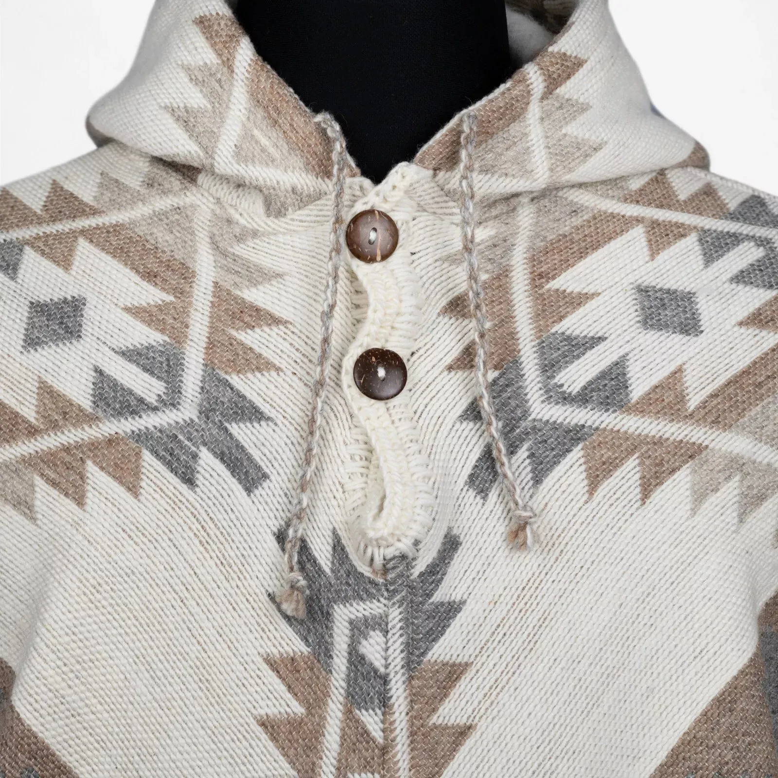 Antikuna - Llama Wool Unisex V-Shaped S. American Handwoven Thick Hooded Poncho - Andean pattern - gray/earth tones