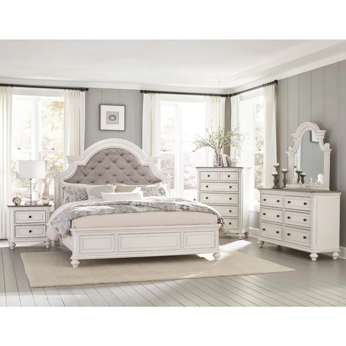 Antique White Queen Bed with Button-Tufted Headboard