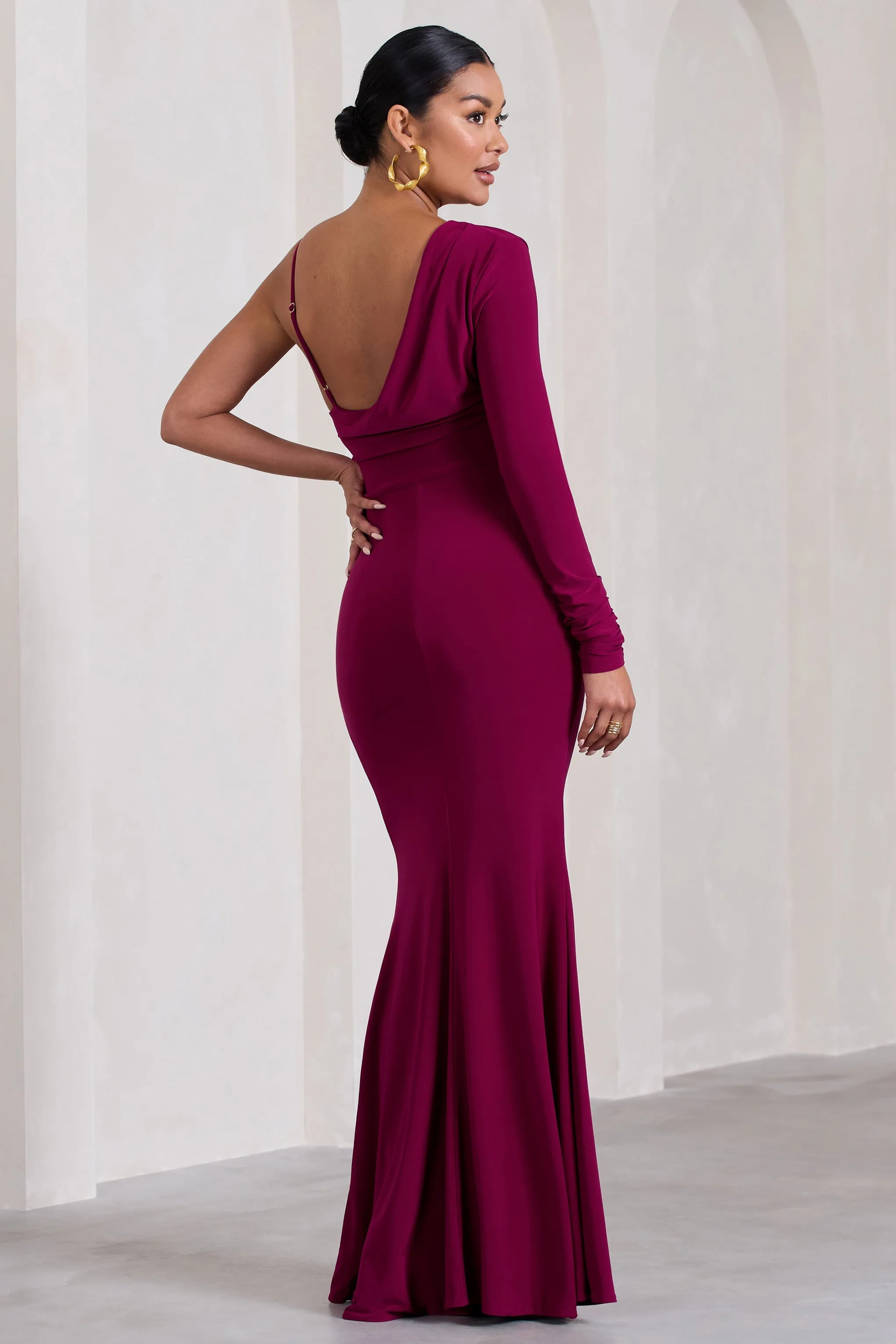 At Dusk | Dark Cherry Maternity One-Sleeved Cowl-Neck Fishtail Maxi Dress