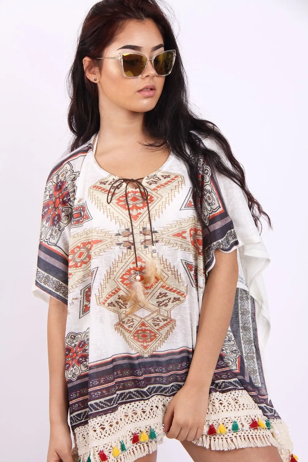 Aztec Floral Print Feather Tassel Trim Poncho Kaftan