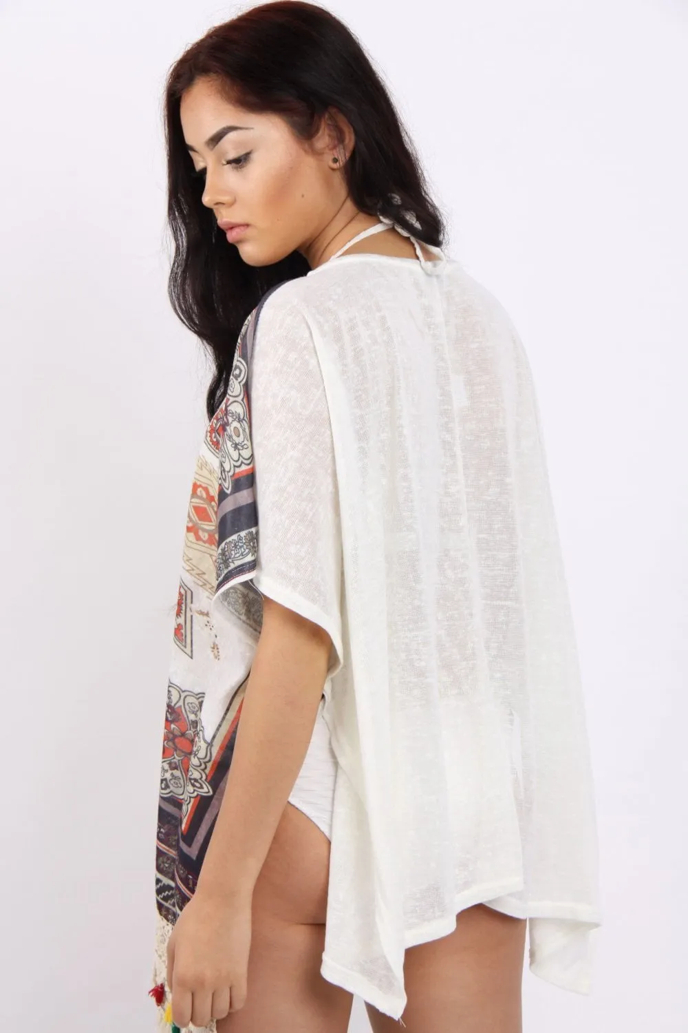 Aztec Floral Print Feather Tassel Trim Poncho Kaftan