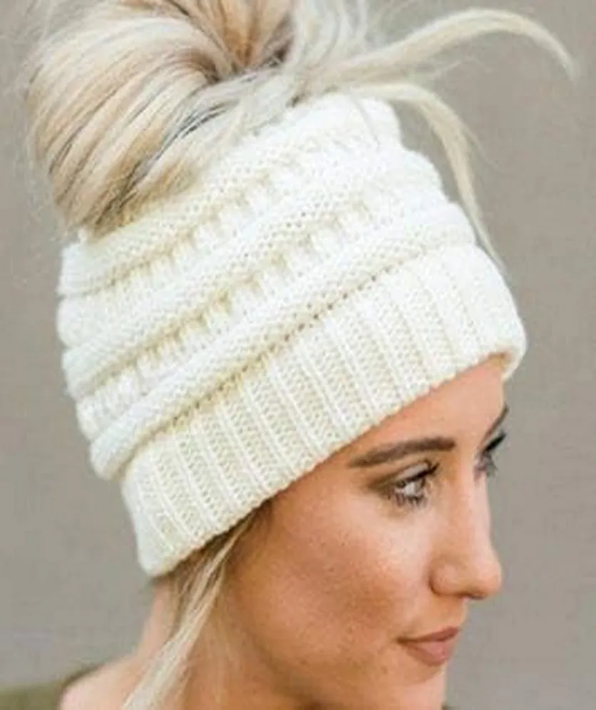 Beanie Hat Unisex Warm Knit Stretch Ponytail Messy Bun Hat