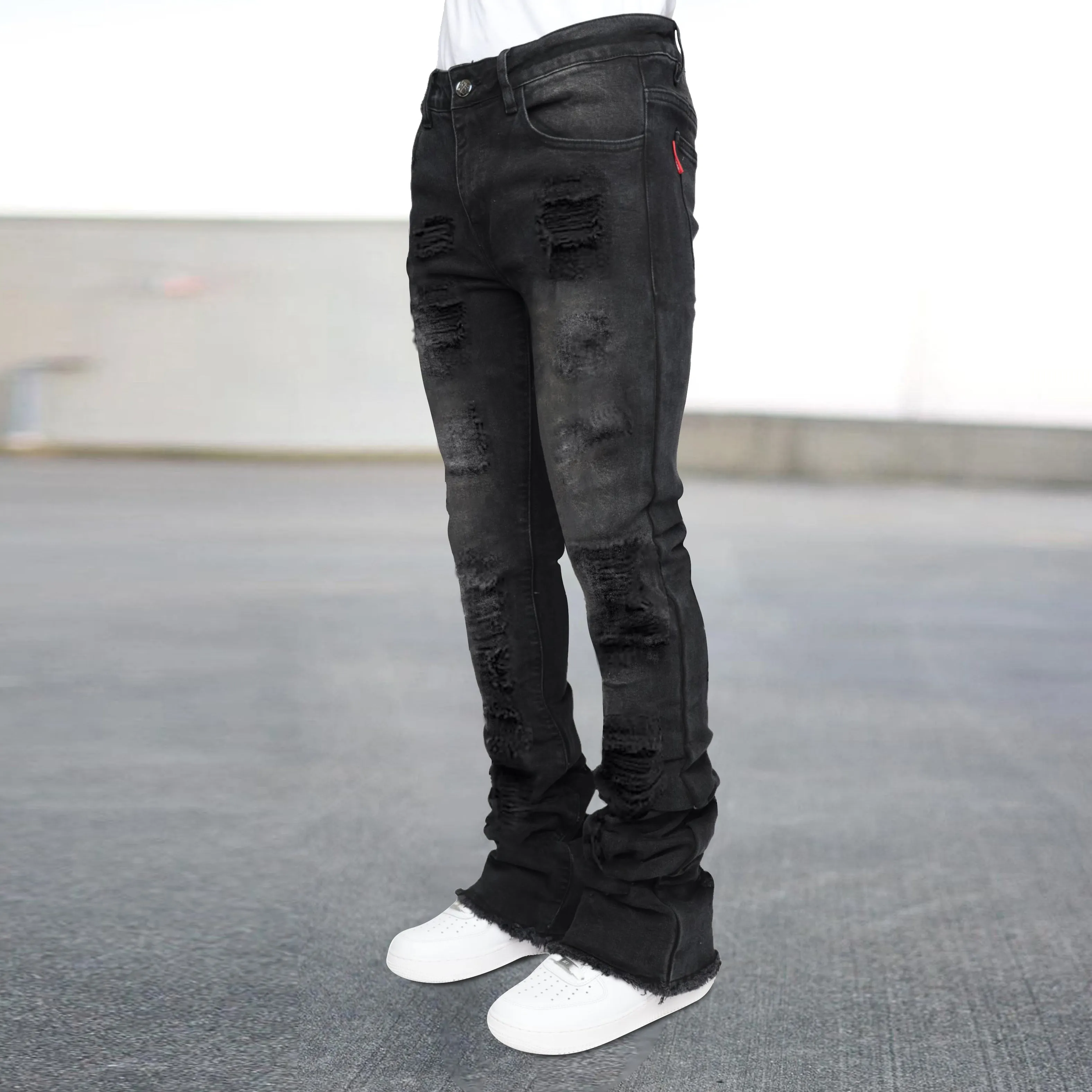 Beauty street raw edge fake hole denim trendy brand slightly booted trousers