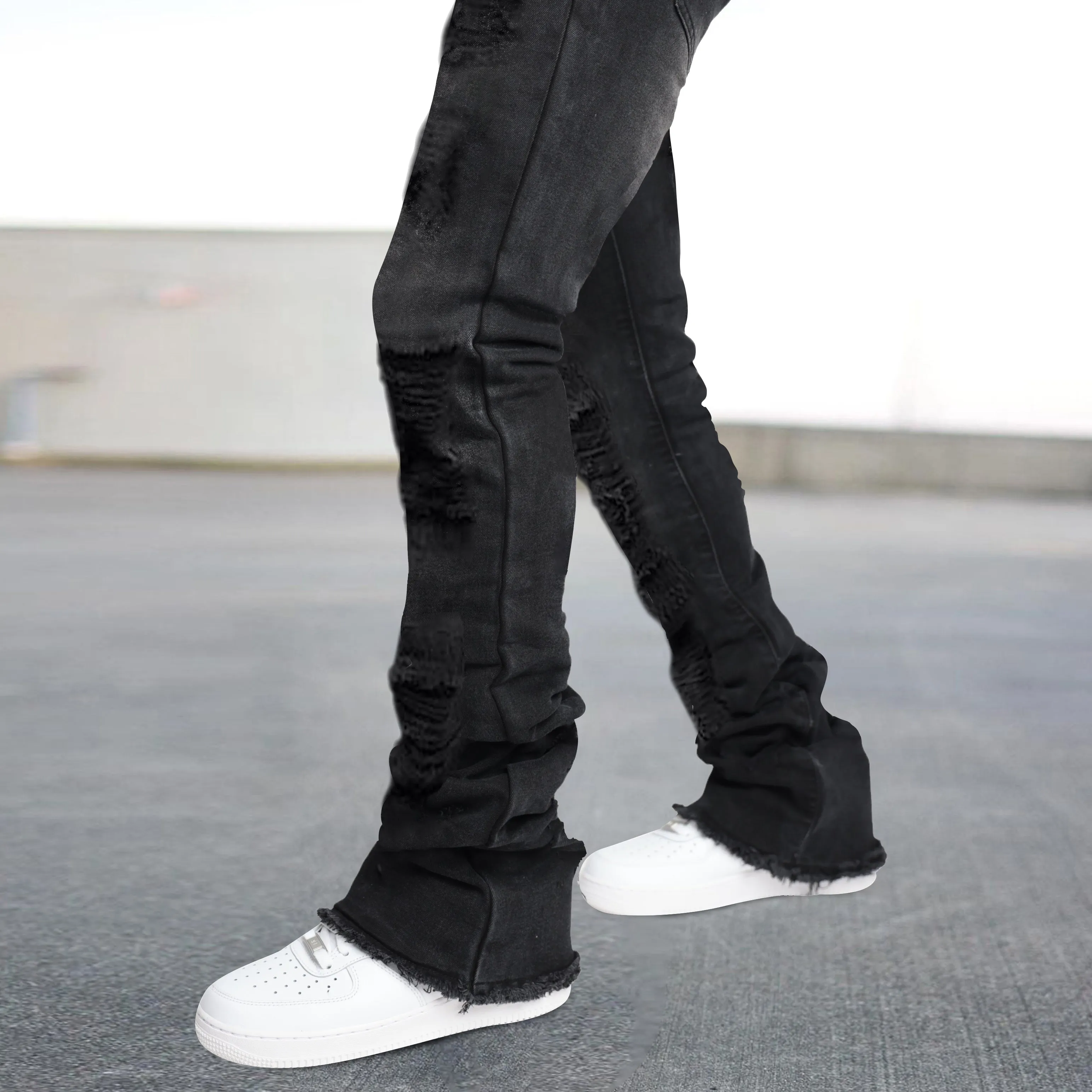 Beauty street raw edge fake hole denim trendy brand slightly booted trousers