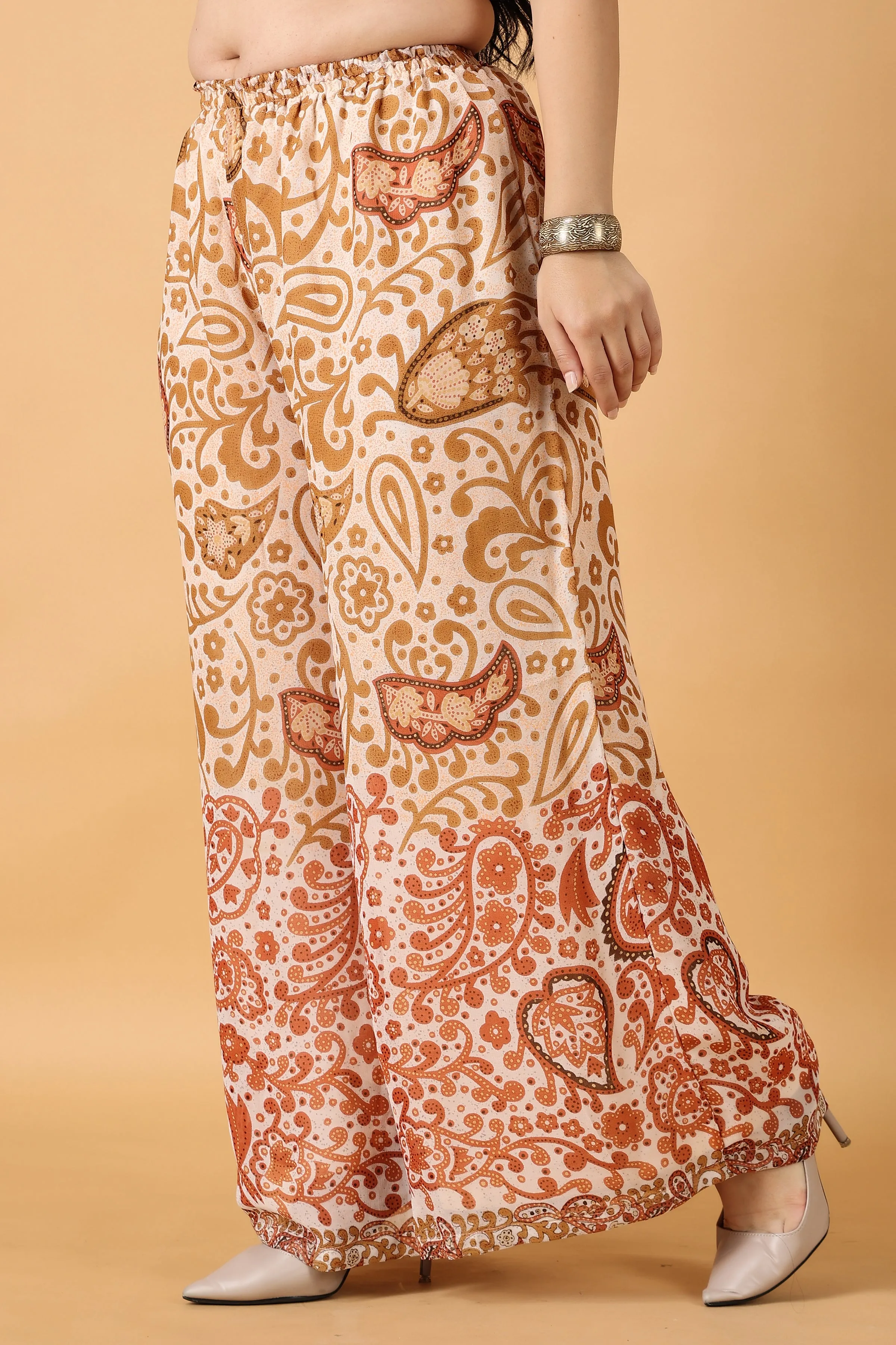 Beige Printed Georgette Palazzo