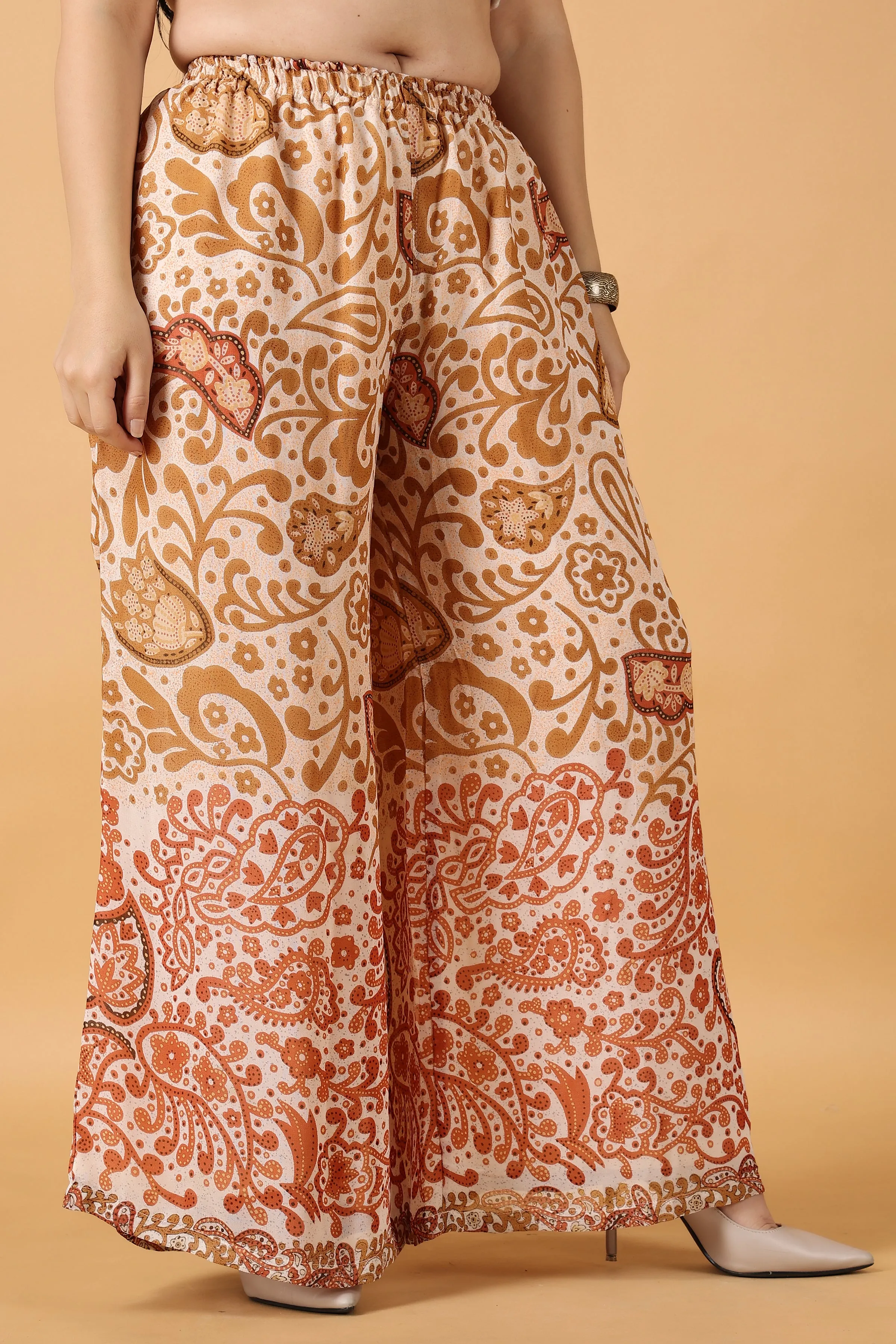 Beige Printed Georgette Palazzo