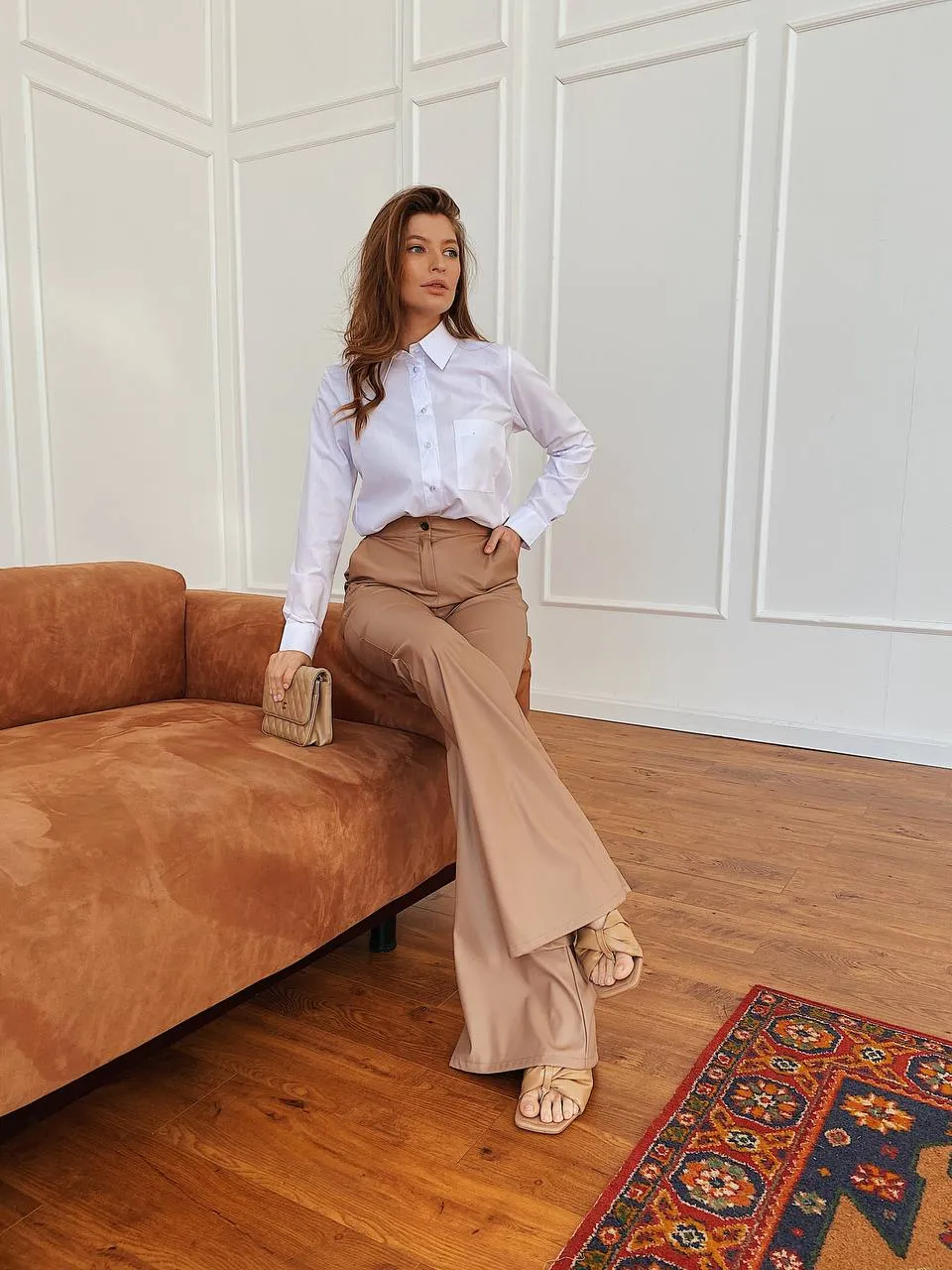 Beige Vegan Leather Flare Pants