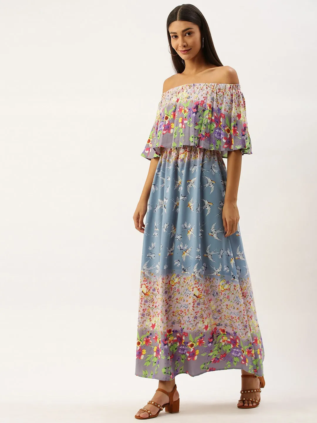 Berrylush Women Blue & White Floral Print Off-Shoulder Maxi Dress