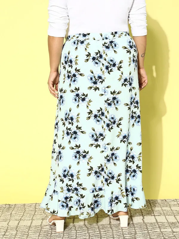 Berrylush Women Plus Size Green & Blue Floral Printed Crepe Tie-Up High-Rise Waist Slip-On Flared Maxi Skirt