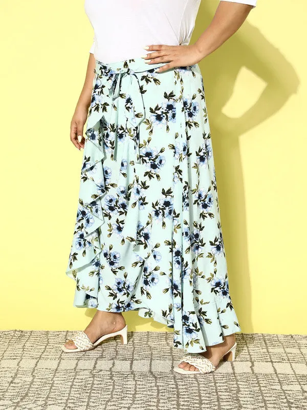 Berrylush Women Plus Size Green & Blue Floral Printed Crepe Tie-Up High-Rise Waist Slip-On Flared Maxi Skirt