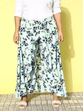 Berrylush Women Plus Size Green & Blue Floral Printed Crepe Tie-Up High-Rise Waist Slip-On Flared Maxi Skirt