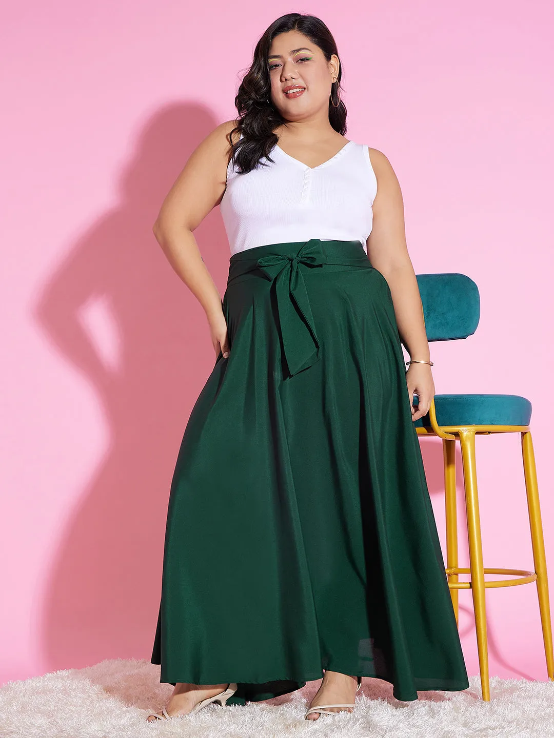 Berrylush Women Plus Size Solid Green High-Rise Tie-Up Waist Slip-On Flared A-Line Maxi Skirt