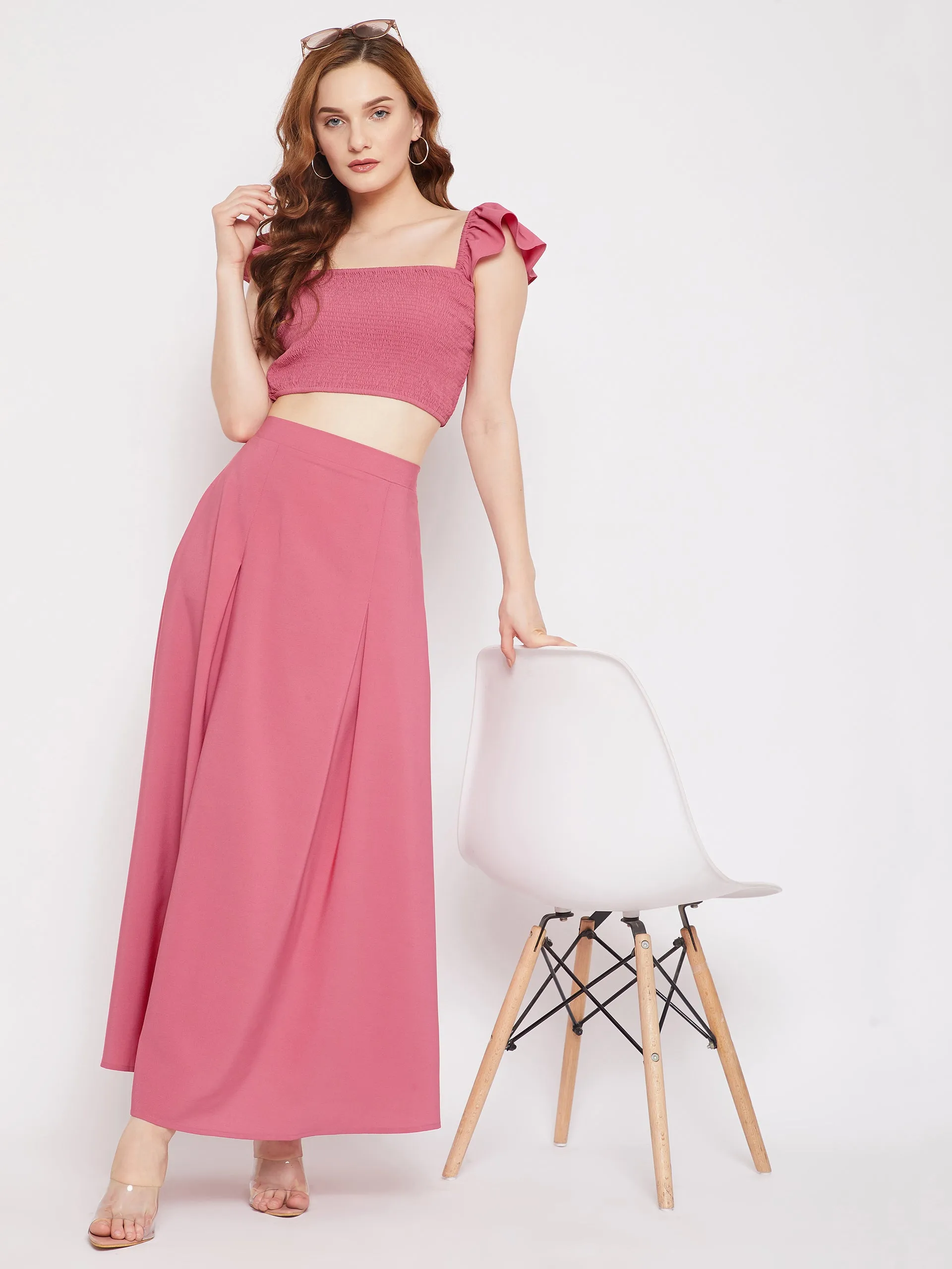 Berrylush Women Solid Pink Square Neck Crepe Smocked Co-Ordinate Maxi Dress