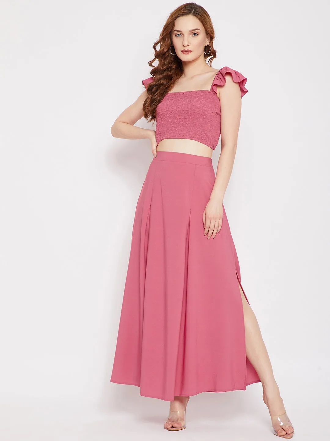 Berrylush Women Solid Pink Square Neck Crepe Smocked Co-Ordinate Maxi Dress