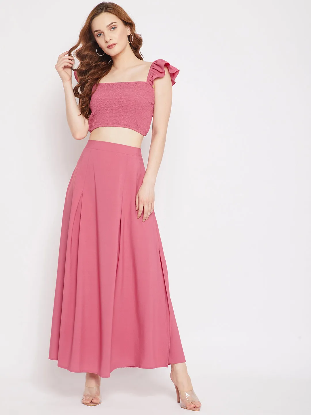 Berrylush Women Solid Pink Square Neck Crepe Smocked Co-Ordinate Maxi Dress