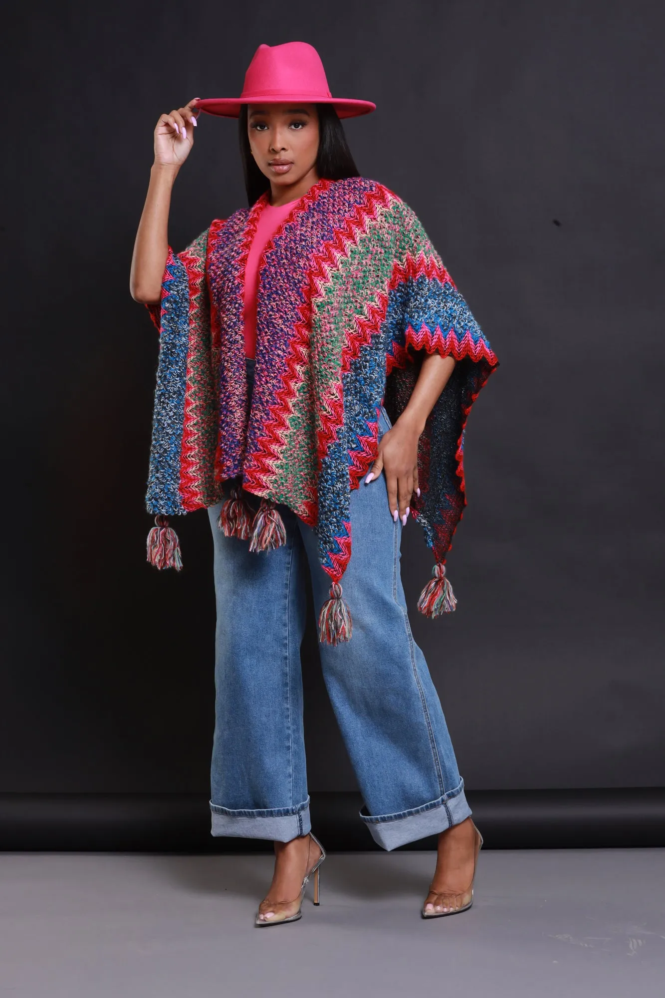 Best In Show Crochet Fringe Poncho - Pink Multicolor