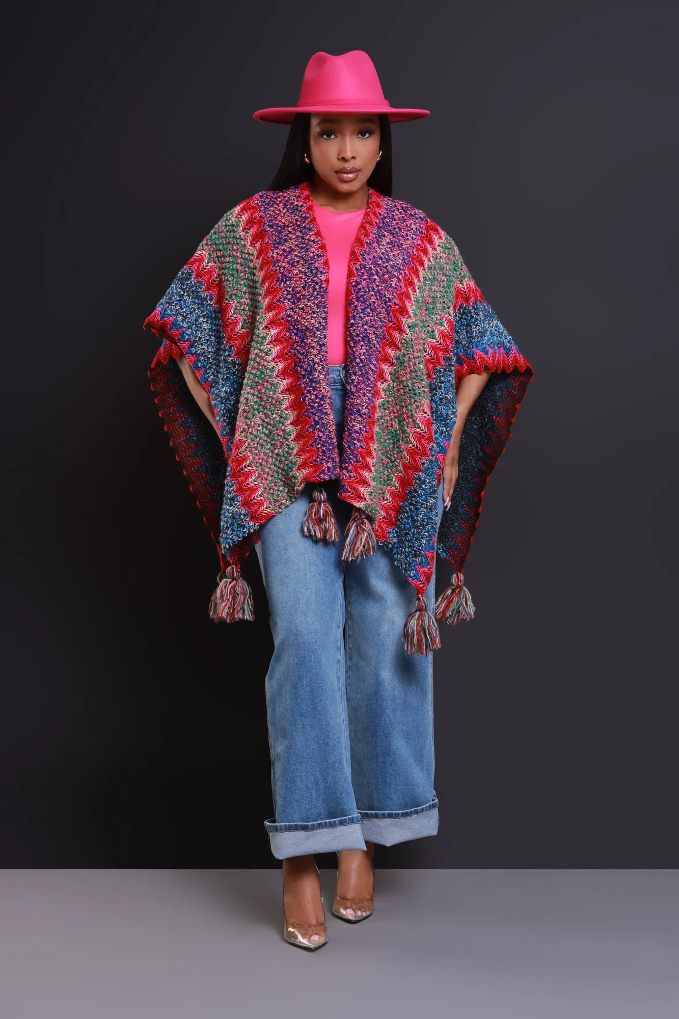 Best In Show Crochet Fringe Poncho - Pink Multicolor