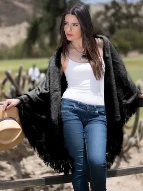 Black Alpaca Shawl Open Poncho for Women