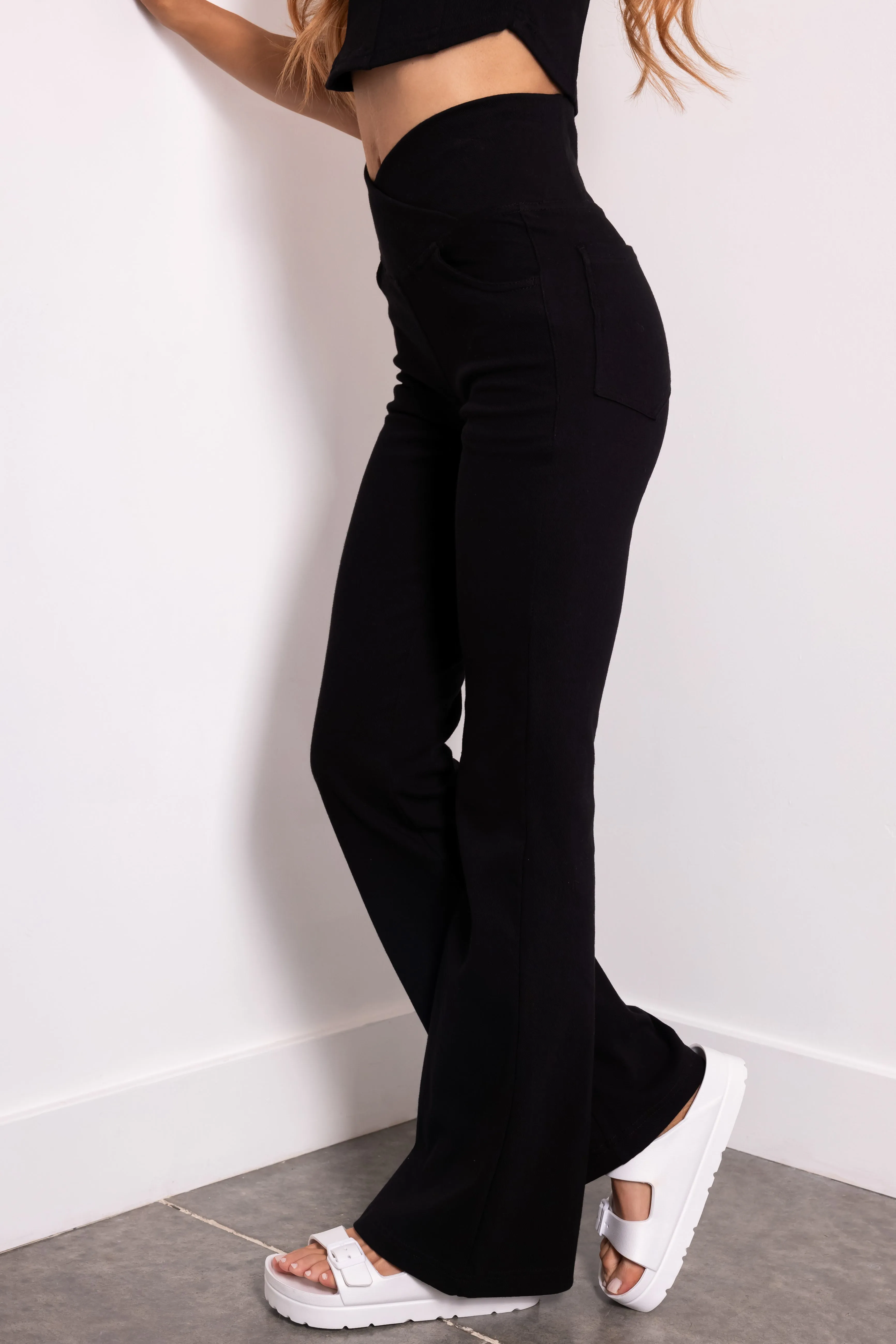 Black Flared Leg Crossover Waist Knit Pants