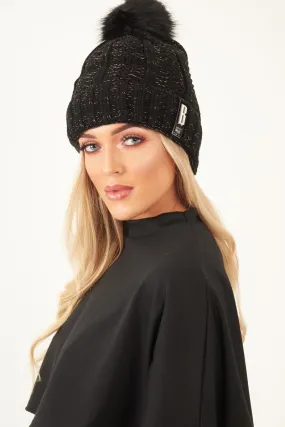 Black Glitter Chunky Knit Bobble Hat - Rubie