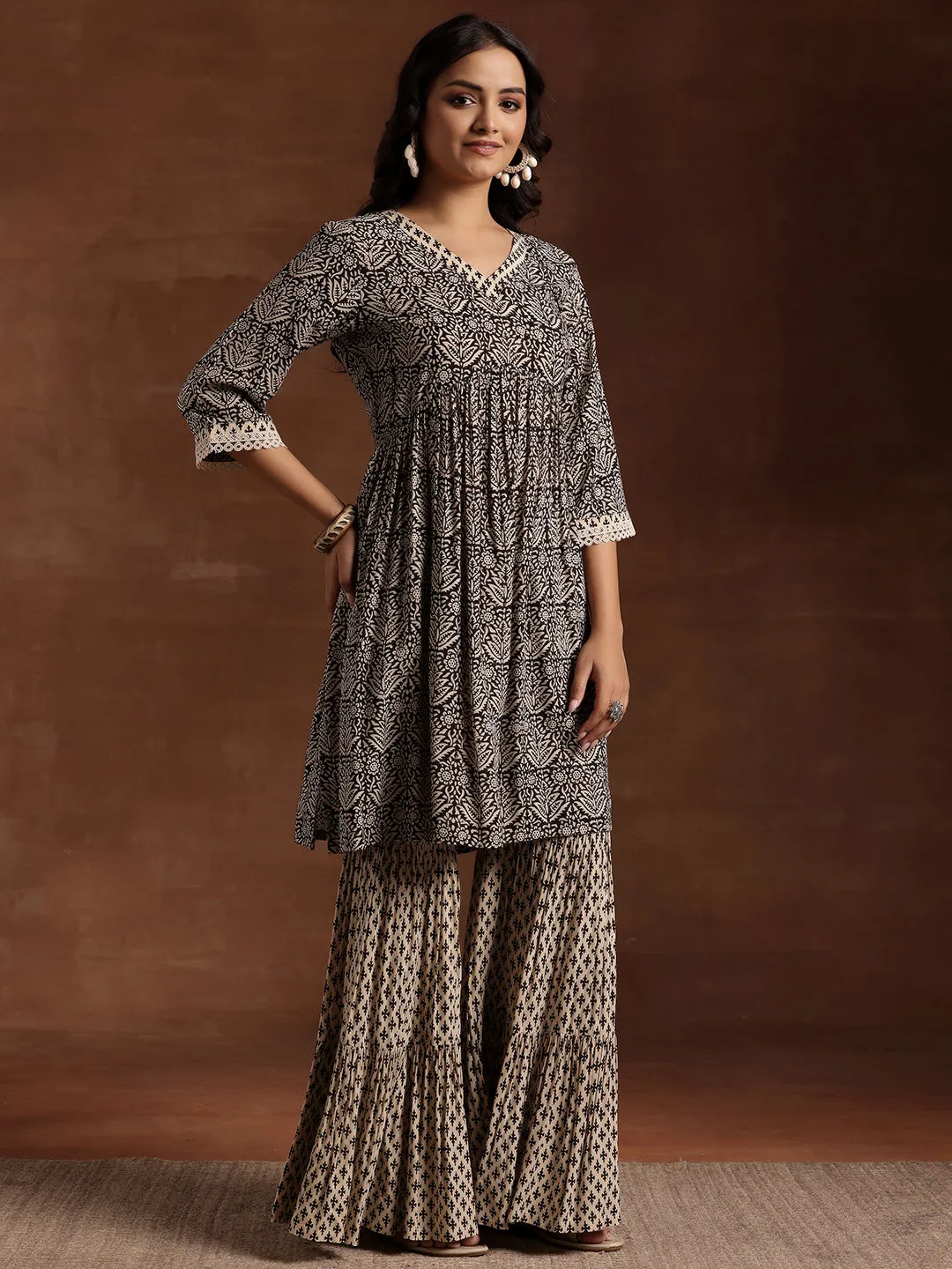 Black Printed Cotton A-Line Kurta With Sharara & Dupatta