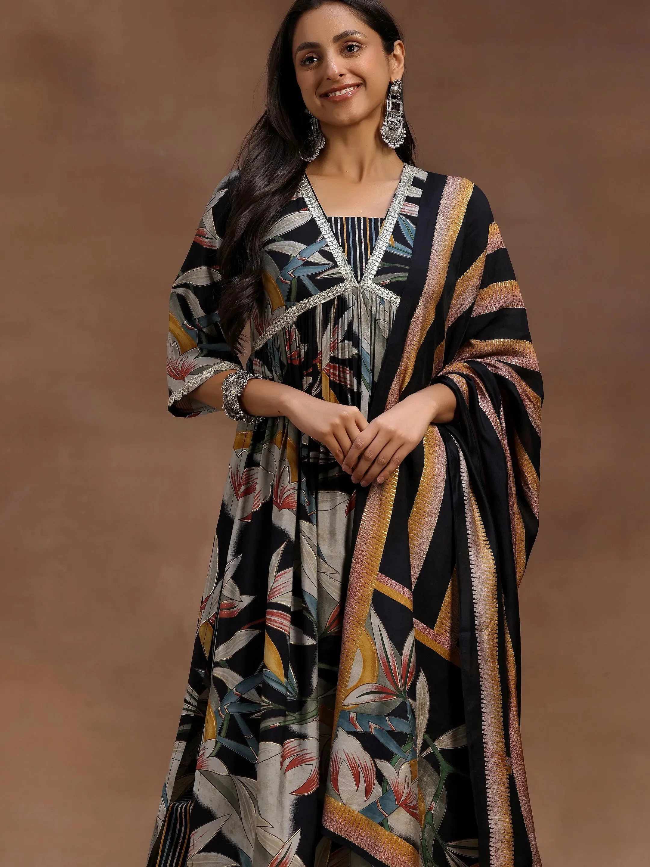 Black Printed Silk Blend A-Line Kurta With Salwar & Dupatta