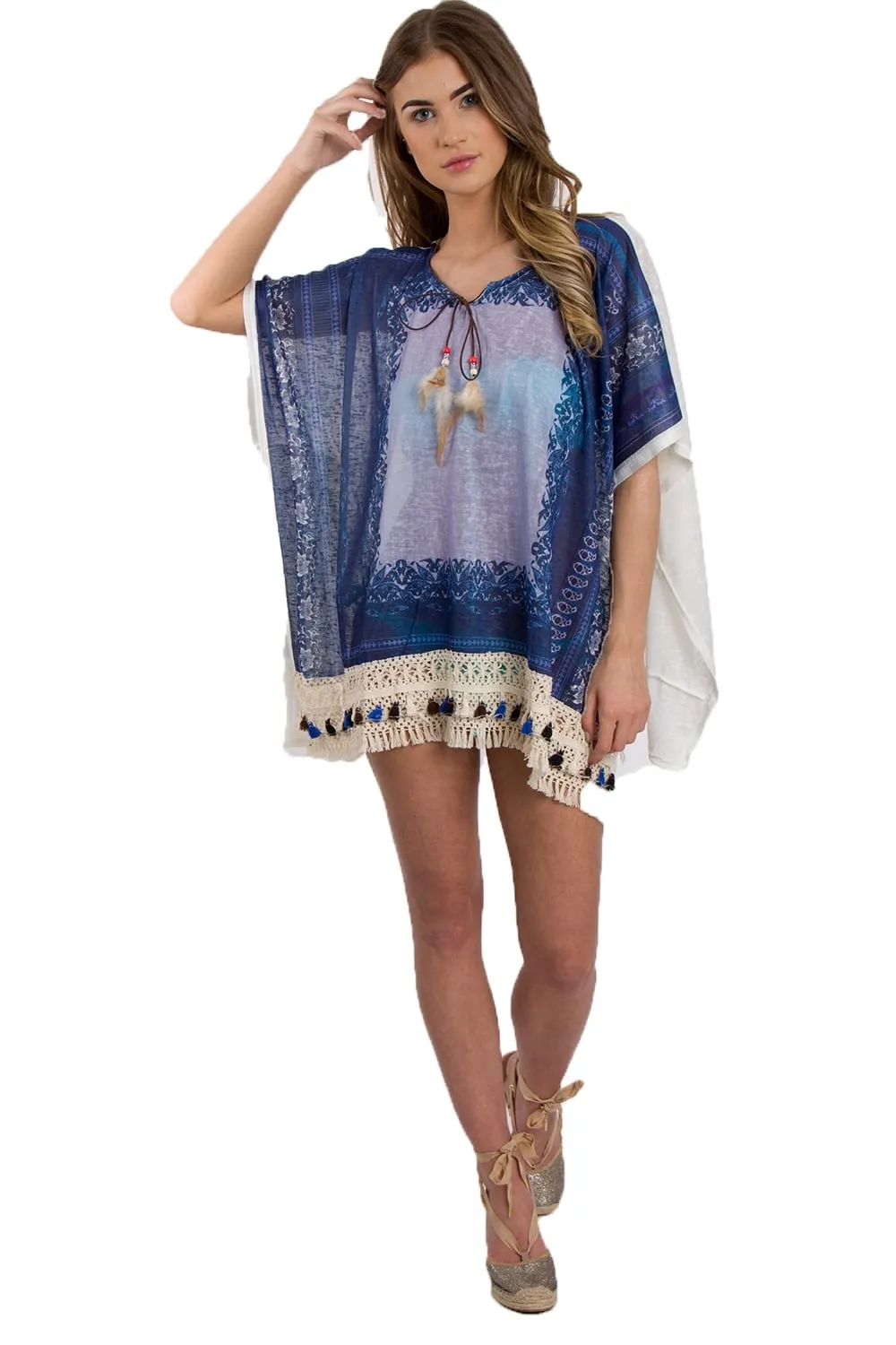 Blue Aztec Floral Print Feather Tassel Trim Poncho Kaftan