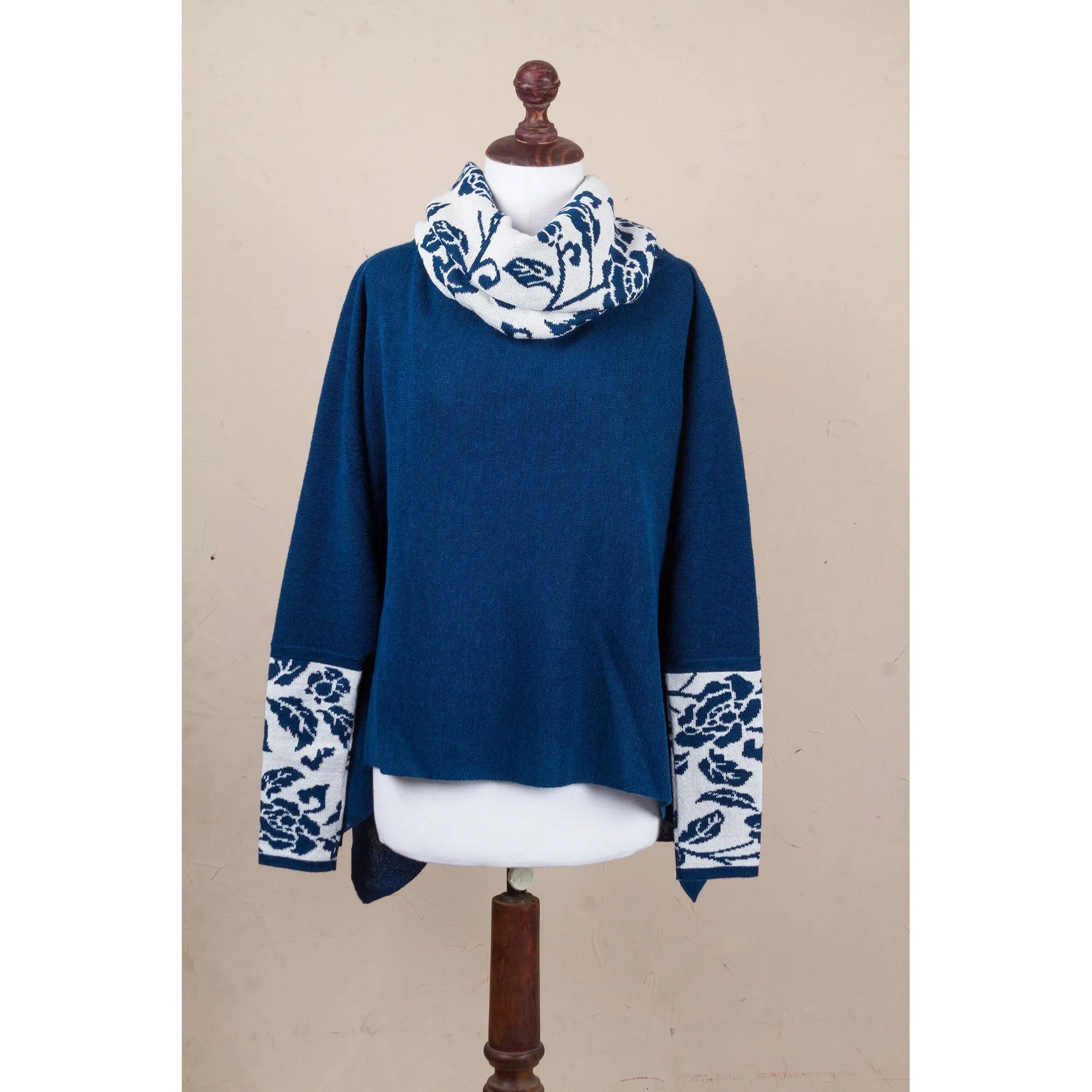 Blue Roses Poncho with Sleeves