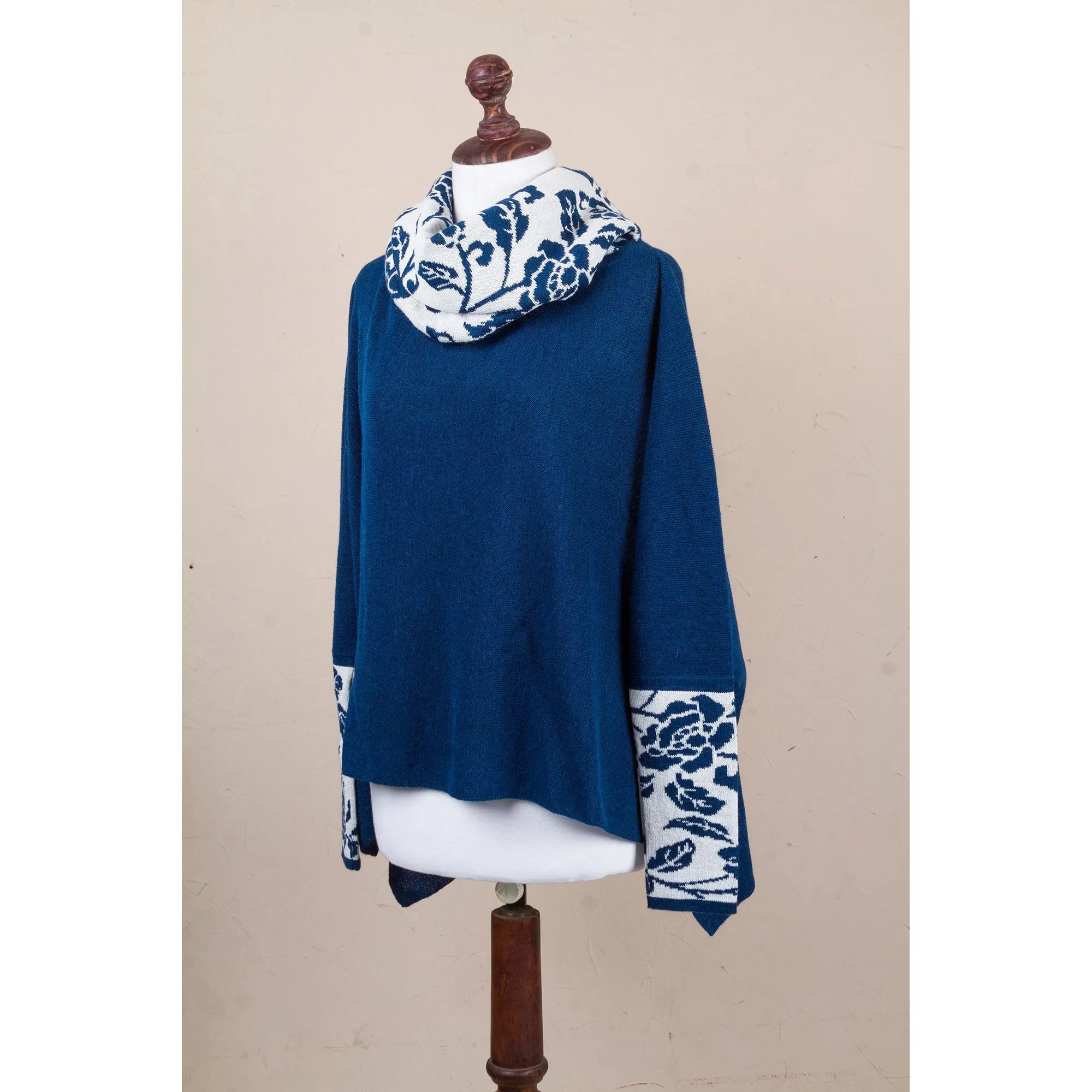 Blue Roses Poncho with Sleeves