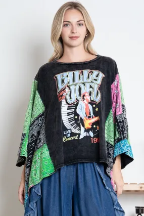 BlueVelvet Billy Joel Print Top with Mixed Print Sewn Poncho Sleeves in Black