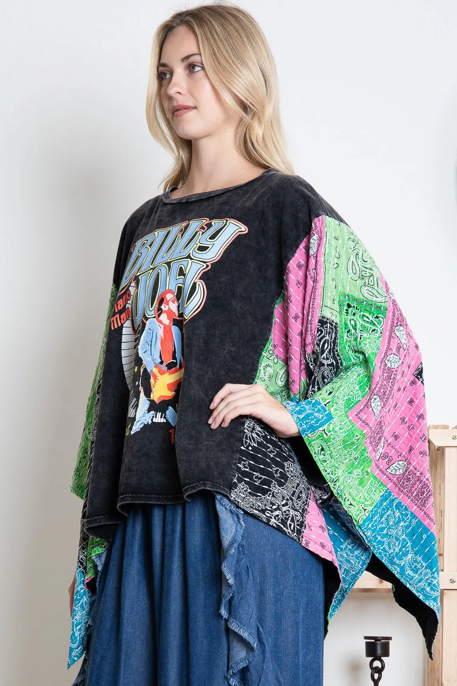 BlueVelvet Billy Joel Print Top with Mixed Print Sewn Poncho Sleeves in Black