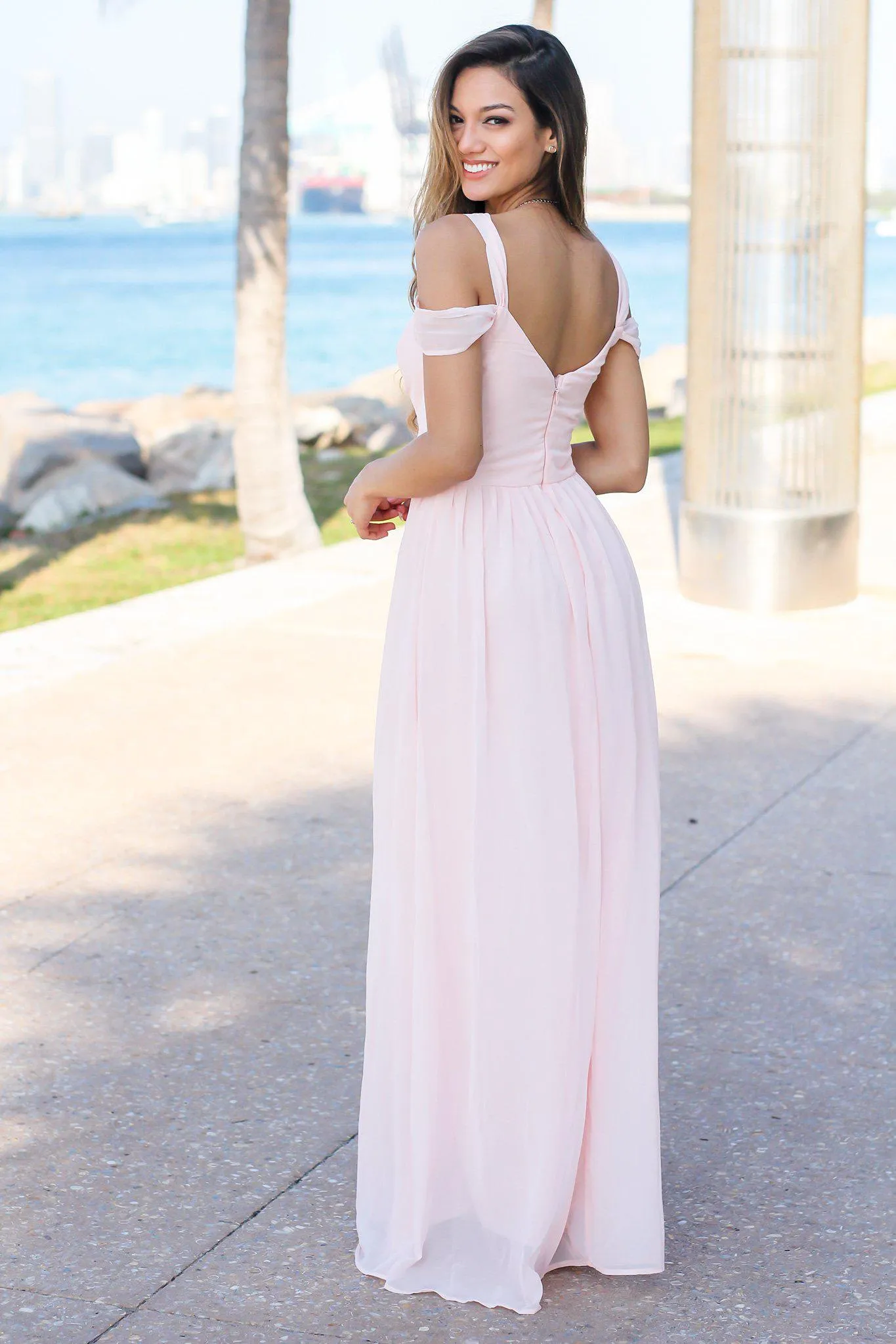 Blush Off Shoulder Maxi Dress with Pleated Top