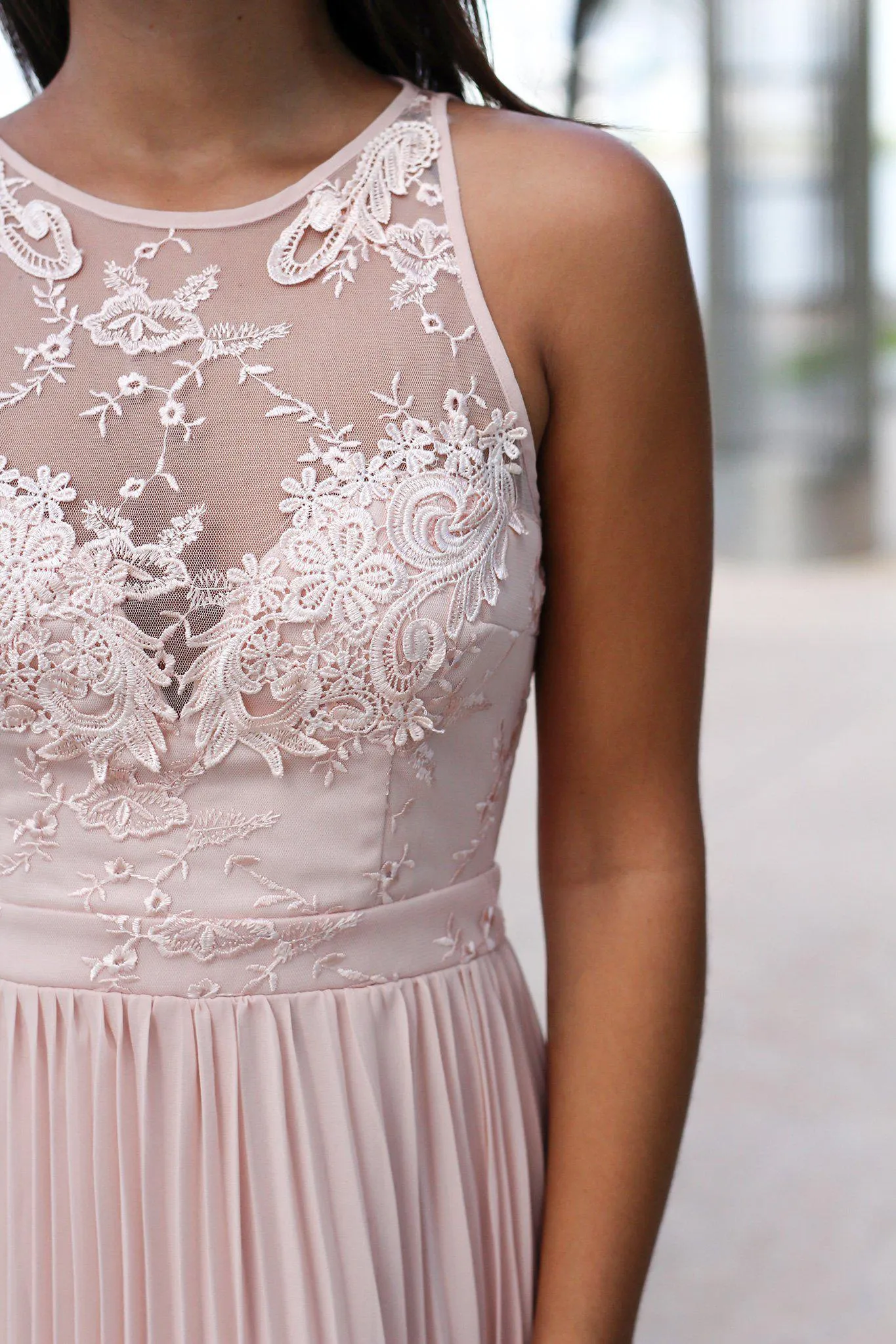 Blush Pleated Maxi Dress with Embroidered Top