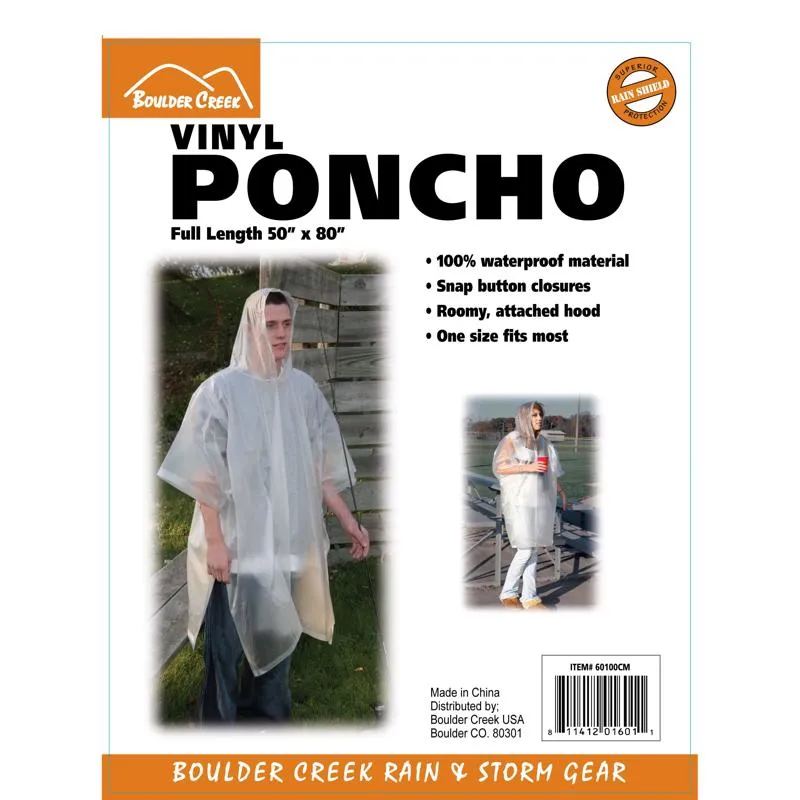 Boulder Creek Clear Vinyl Rain Poncho One Size Fits All